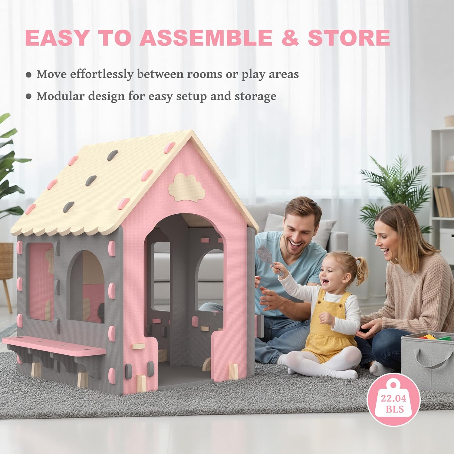 Kids Playhouse Kitchen Theme, Indoor Outdoor EVA Play House for Toddlers, Soft Foam Playhouse for Kids Outdoor & Indoor Pretend Play, Easy Assembly Play House Outside (Pink Gray Beige, Style 2)