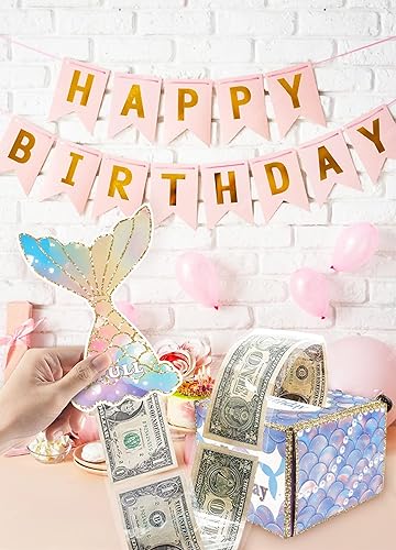 Miniatura 6 de Caja de dinero de feliz cumpleaños para tirar de regalo en efectivo, caja de regalo de dinero de sirena para efectivo, soporte de dinero morado para
