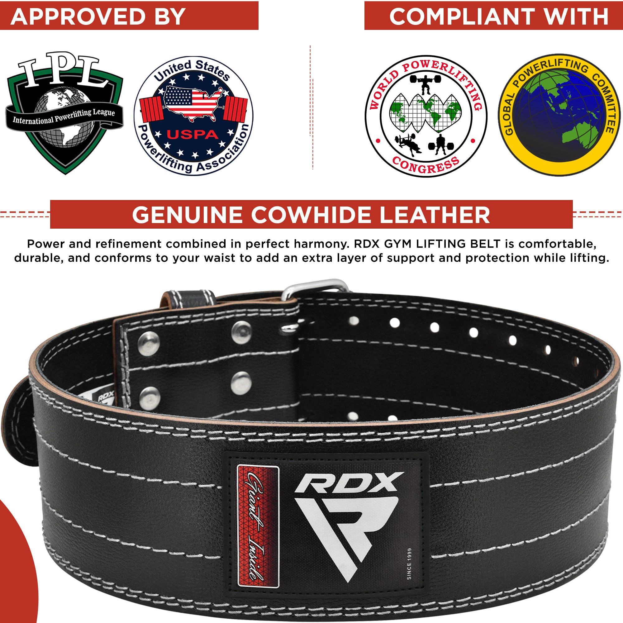 RDX 4” Cintura Palestra Sollevamento Pesi, Vacchetta Pelle 6 mm Spessore, IPL USPA Approvato, Schiena Lumbare Supporto 12 Regolabile Fori Powerlifting Bodybuilding Fitness Gym Allenamento, Uomo Donna