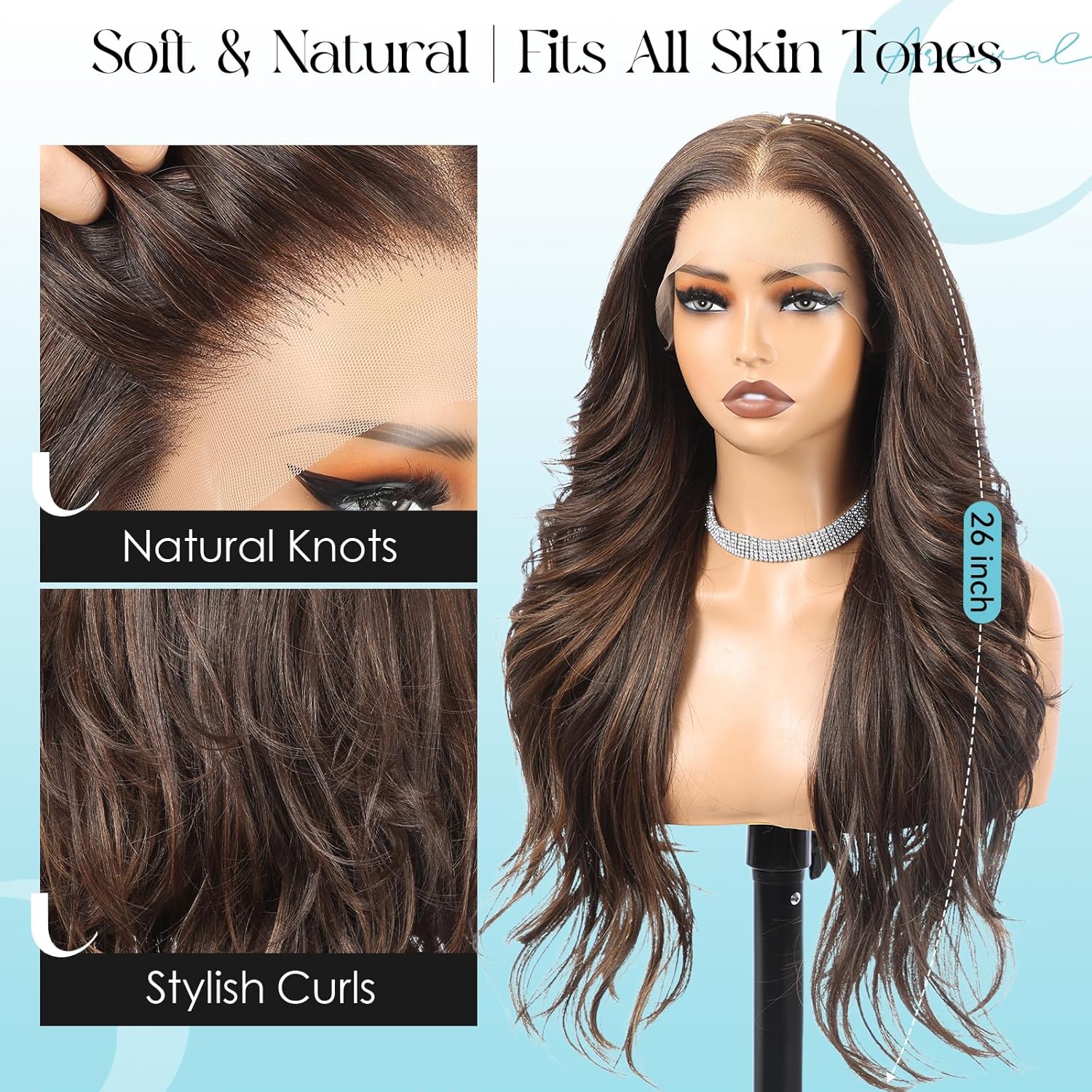 13 * 4 HD Lace Front Wig for Women, Chestnut Brown with Auburn Highlights,26 Inch Heat Resistant Synthetic Wavy Hair, Glueless Lace Wigs for Daily, Party&Date