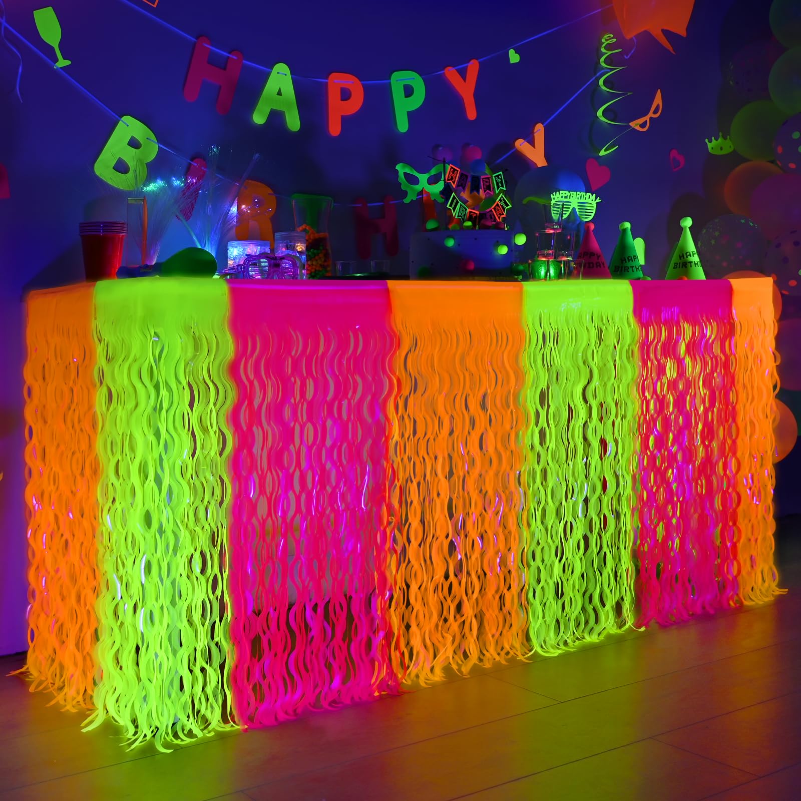 Mega-L Glow in The Dark Party Supplies, 2 Pack Neon Party Decorations Fluorescent Macaron Orange, Yellow and Fuchsia Wavy Metallic Tinsel Foil Fringe Table Skirts, Perfect Table Decors Glow Decors