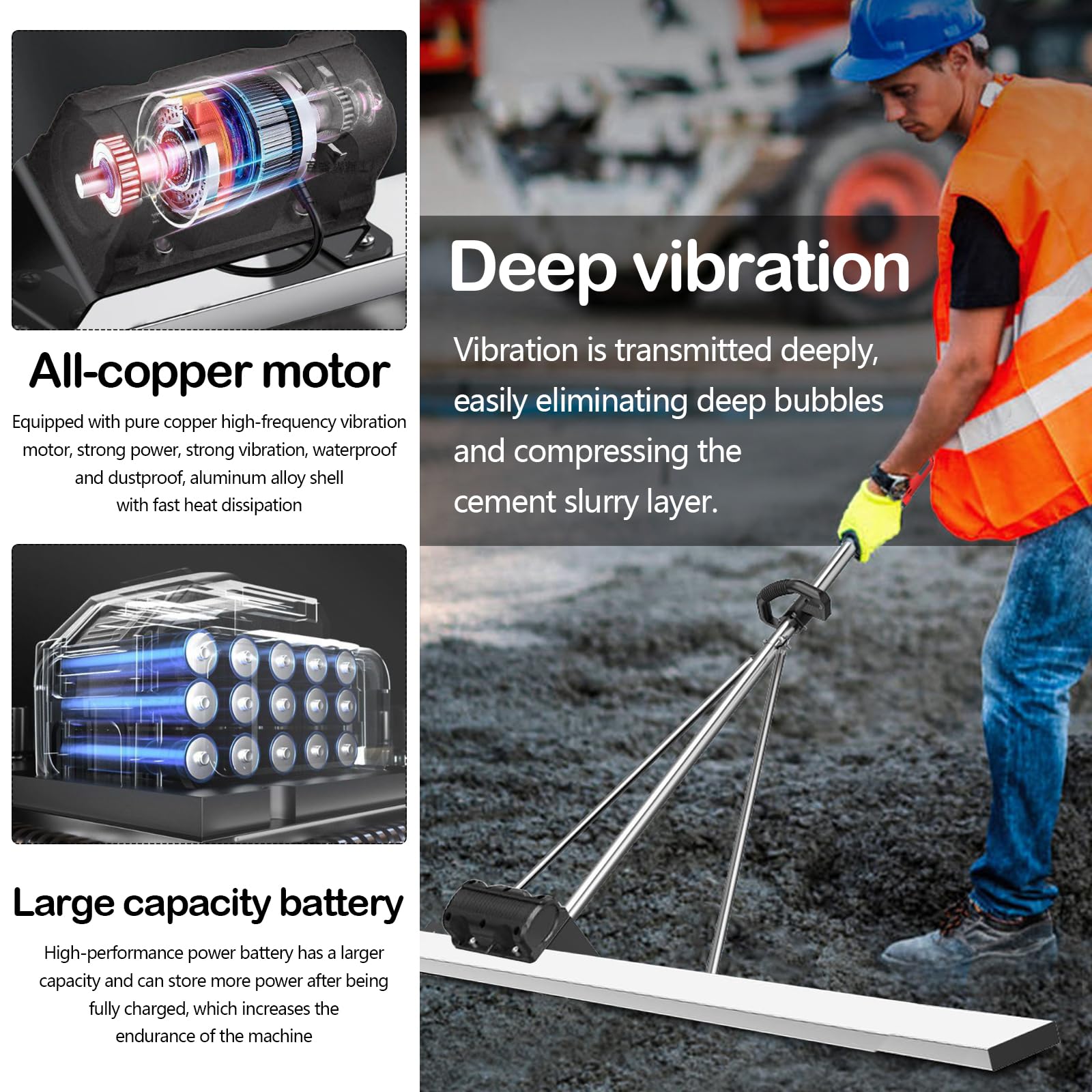 Vibreur Beton, Vibreur pour Béton Électriques 21V avec 2 Batteries 2,000 mAh Surfaceuse Beton 60W 6000 tr/min Machine de Lissage en Acier Inoxydable 1,5m pour Béton et Boue