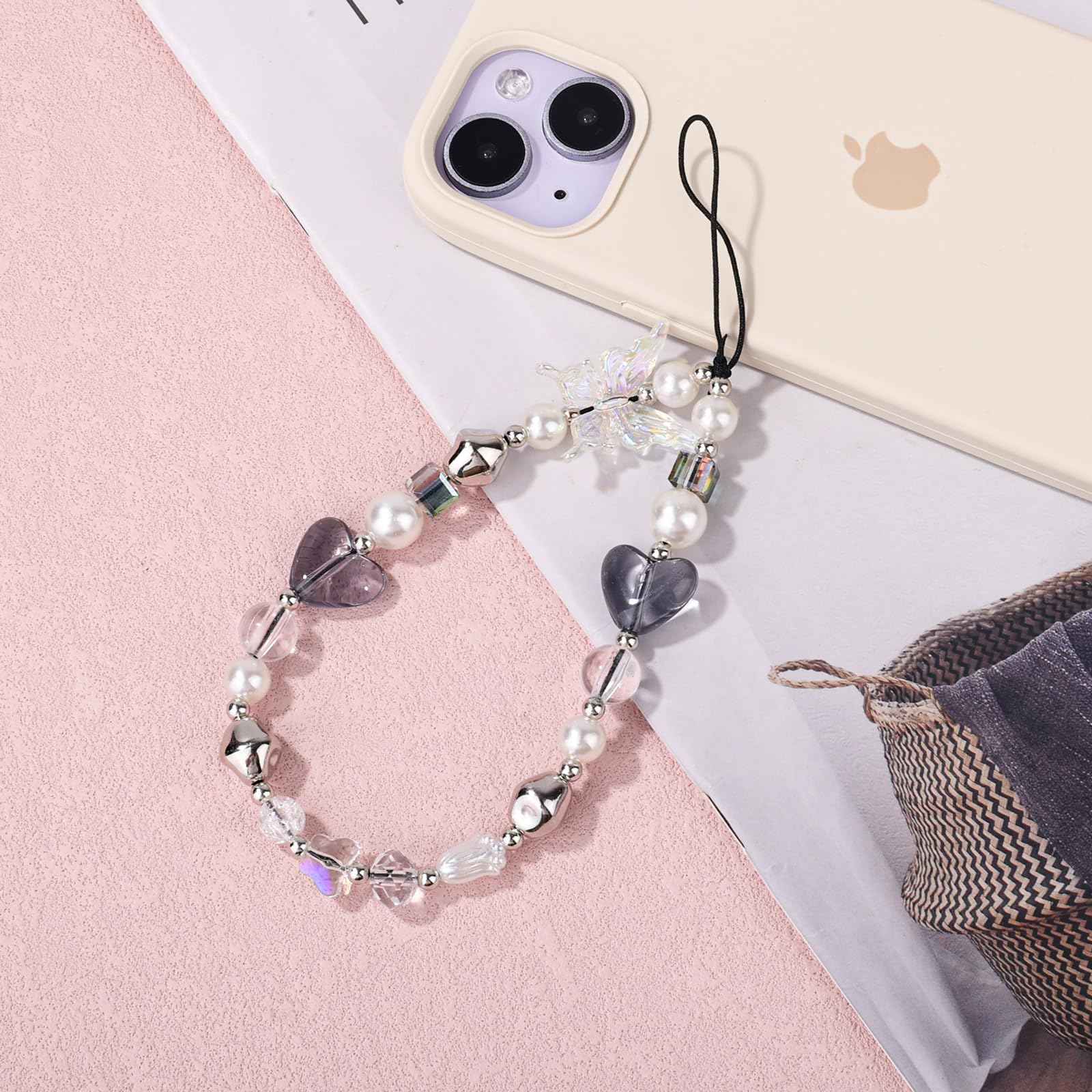 Gosknor Sangle de Téléphone à Perles, Joli Bracelet de Téléphone Portable Y2K en Forme de Cœur et de Papillon pour Portefeuilles Appareils Photo Porte-Clés Sacs à Dos Accessoires
