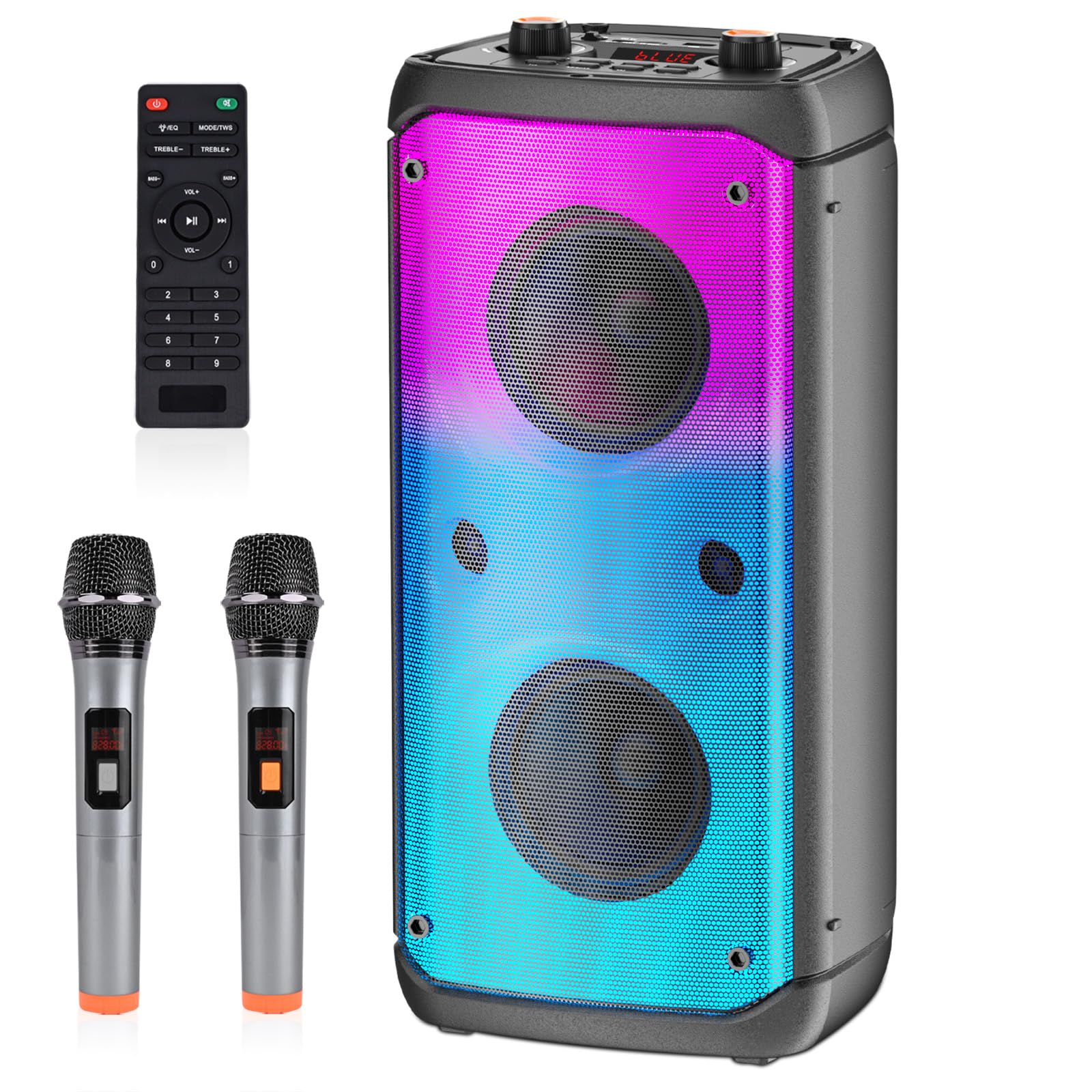 Karaoke Machine with 2 Wireless Microphones, Portable Karaoke Machine for Adults & Kids, PA System with LED Lights, Karaoke Bluetooth Speaker Supports for TF Card/USB, AUX In, FM, REC,TWS