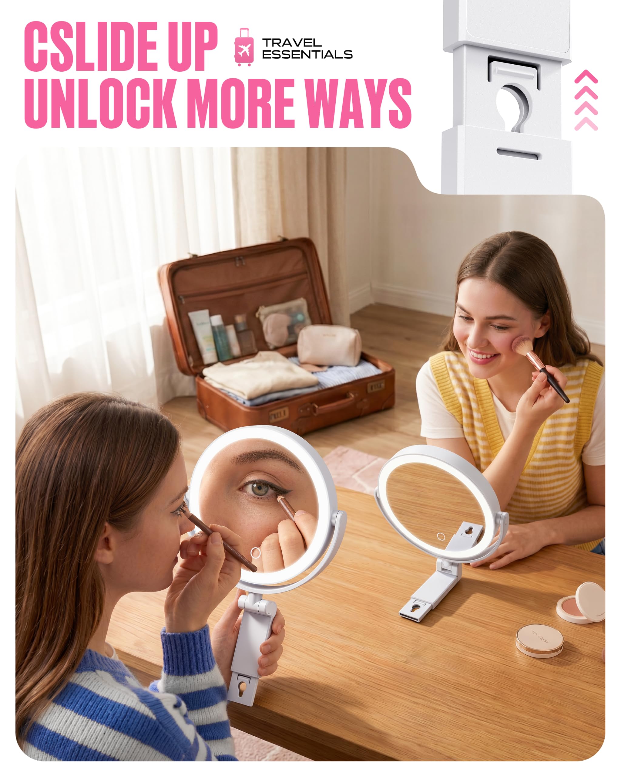Specchio per il trucco con luci, ingrandimento 1X/30X su entrambi i | Illuminazione a 3 colori e oscuramento continuo, 2000 mAh ricaricabile, pieghevole portatile, 17,8 cm