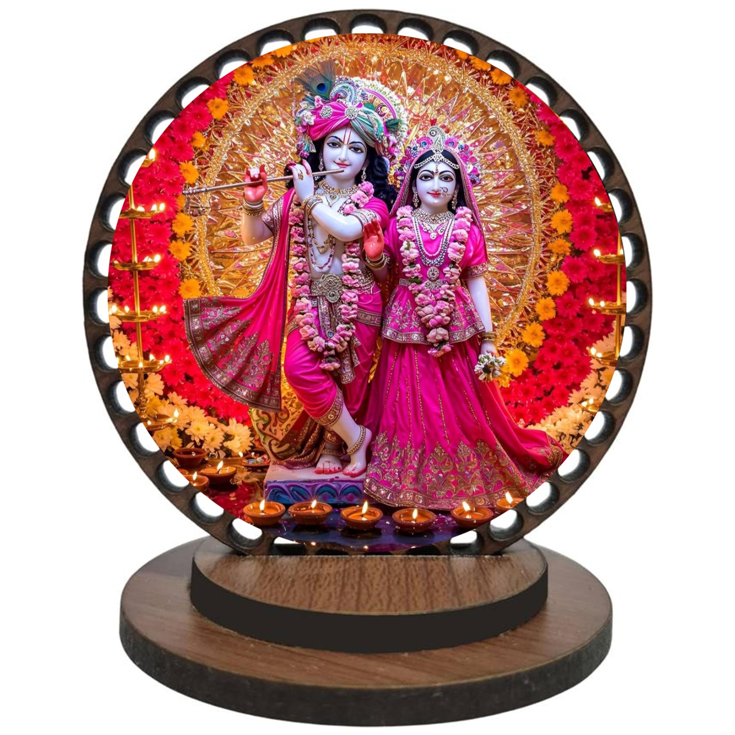 Radhe Krishna ji Religious Figurine, Wooden Round Frame with Metallic Finish, Multicolour, 10cm Height, Car Dashboard Decor-image-42