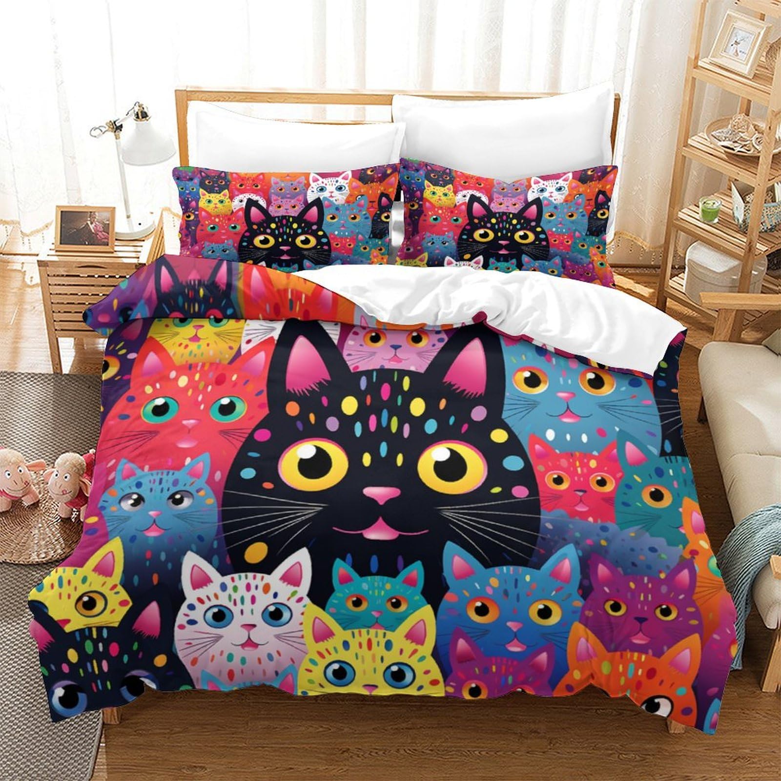 P1S9U7W5Y Colorful Cat 3D Printed Duvet Cover Set 3pcs Microfiber Cat Bedding Set King