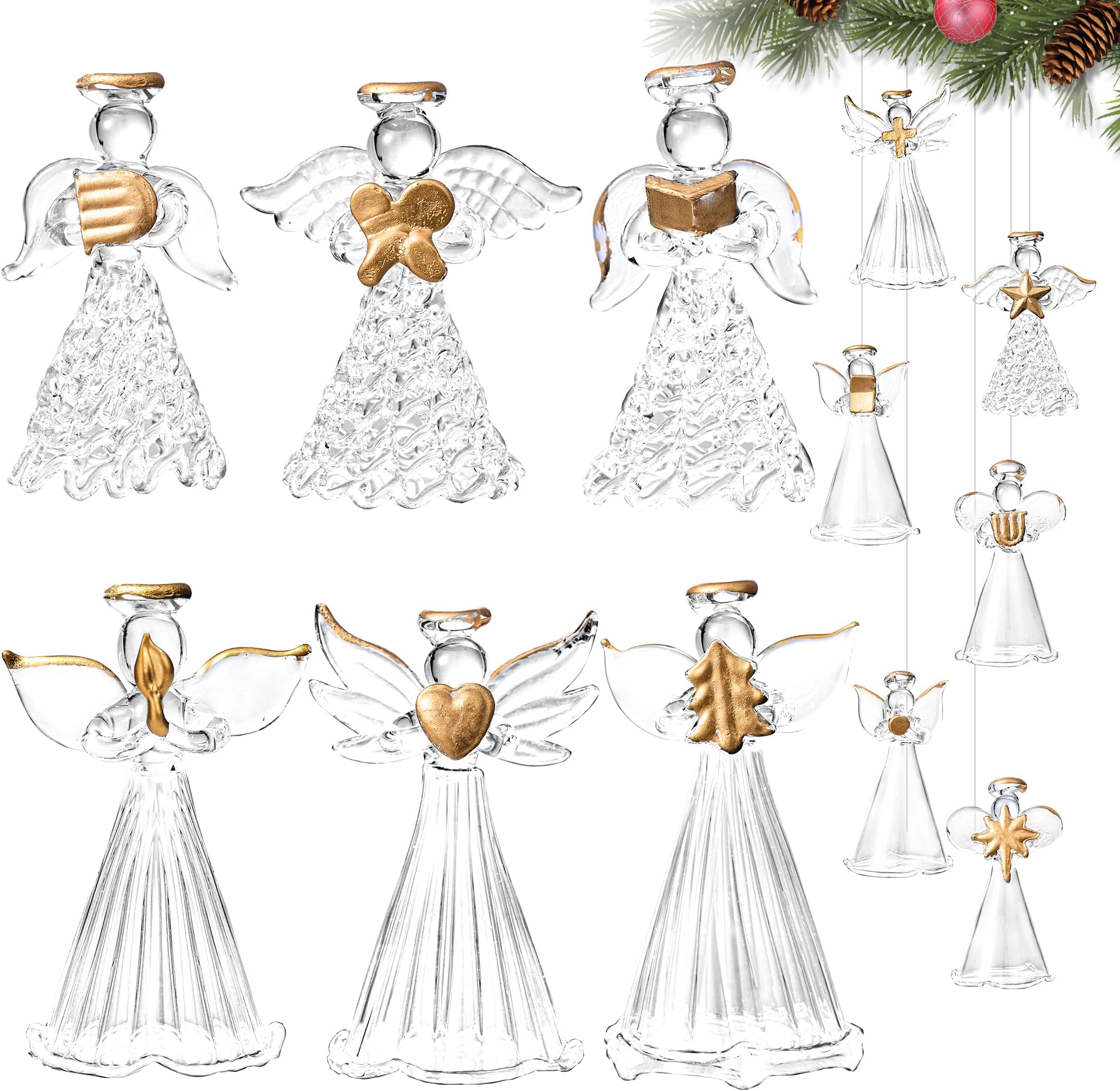 JOIEDOMI 12 Pcs Glass Christmas Angel Ornaments, Clear Spun Hanging Angels, Glass Ornaments for Christmas Tree Decorations, Mini Holiday Hanging Decor, Christmas Season Holiday Decor, Home Decor
