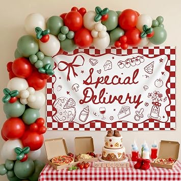 Ticuenicoa Special Delivery Pizza Baby Shower Banner, Italian Baby Shower Slice Slice Baby Shower Decorations Banner, 70.8x43.3in Red Gingham Gender Neutral Photo Backdrop with 75pcs Balloons