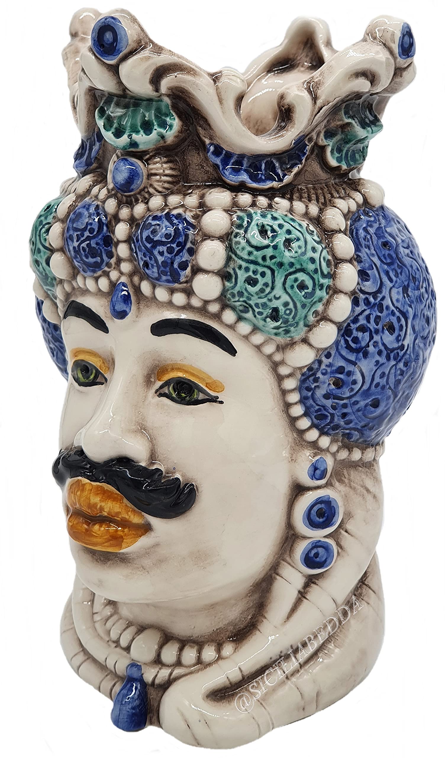 sicilia bedda - Teste di Moro Siciliane in Ceramica di Caltagirone - Realizzato Interamente a Mano - Altezza 18 Centimetri (Testa di Moro Uomo Blu)