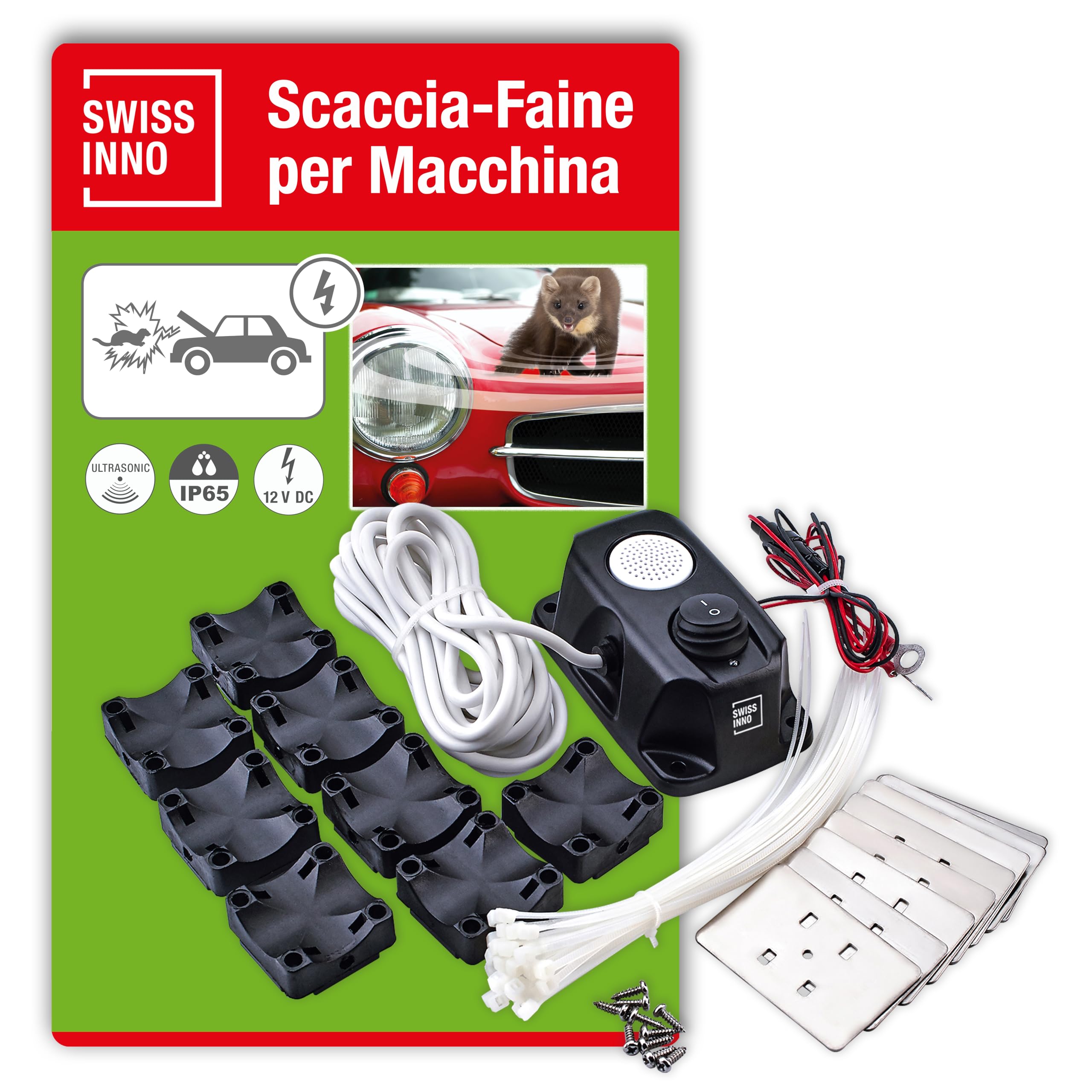 SWISSINNO Repellente Indoor Martore, Ultrasuoni Auto alta tensione 12V Batteria Auto - Martora Repellente per proteggere Dalle Martore nel Vano Motore, Protezione Immediata e a Lungo Termine
