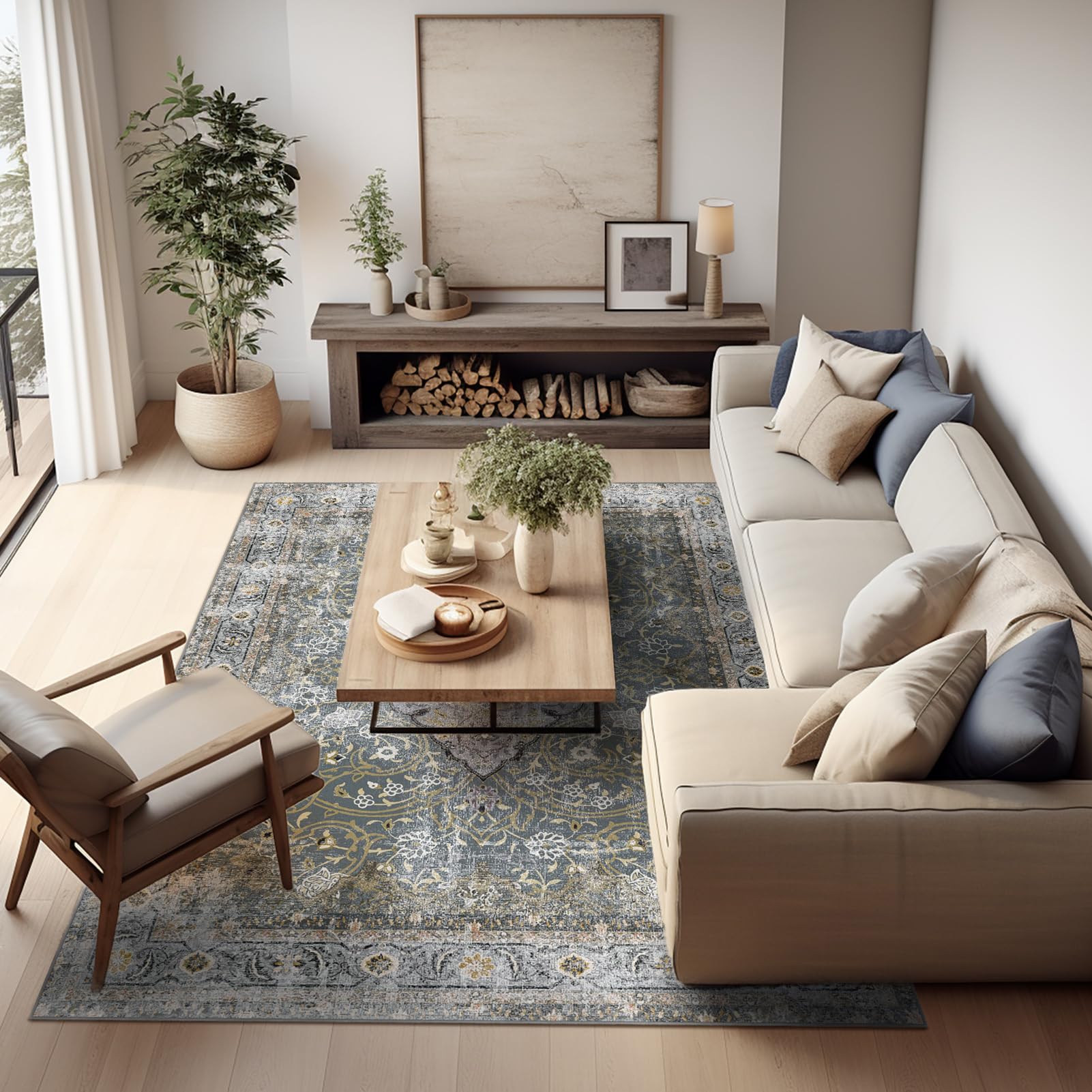 Ashler Boho Rug, 6x9 Vintage Rugs, Large Area Rugs, Moroccan Area Rug for Living Room, Bedroom, Kitchen Dining Room, Dark Coffee Home Decor, Non-Slip & Machine Washable Rugs, Carpet Decoration