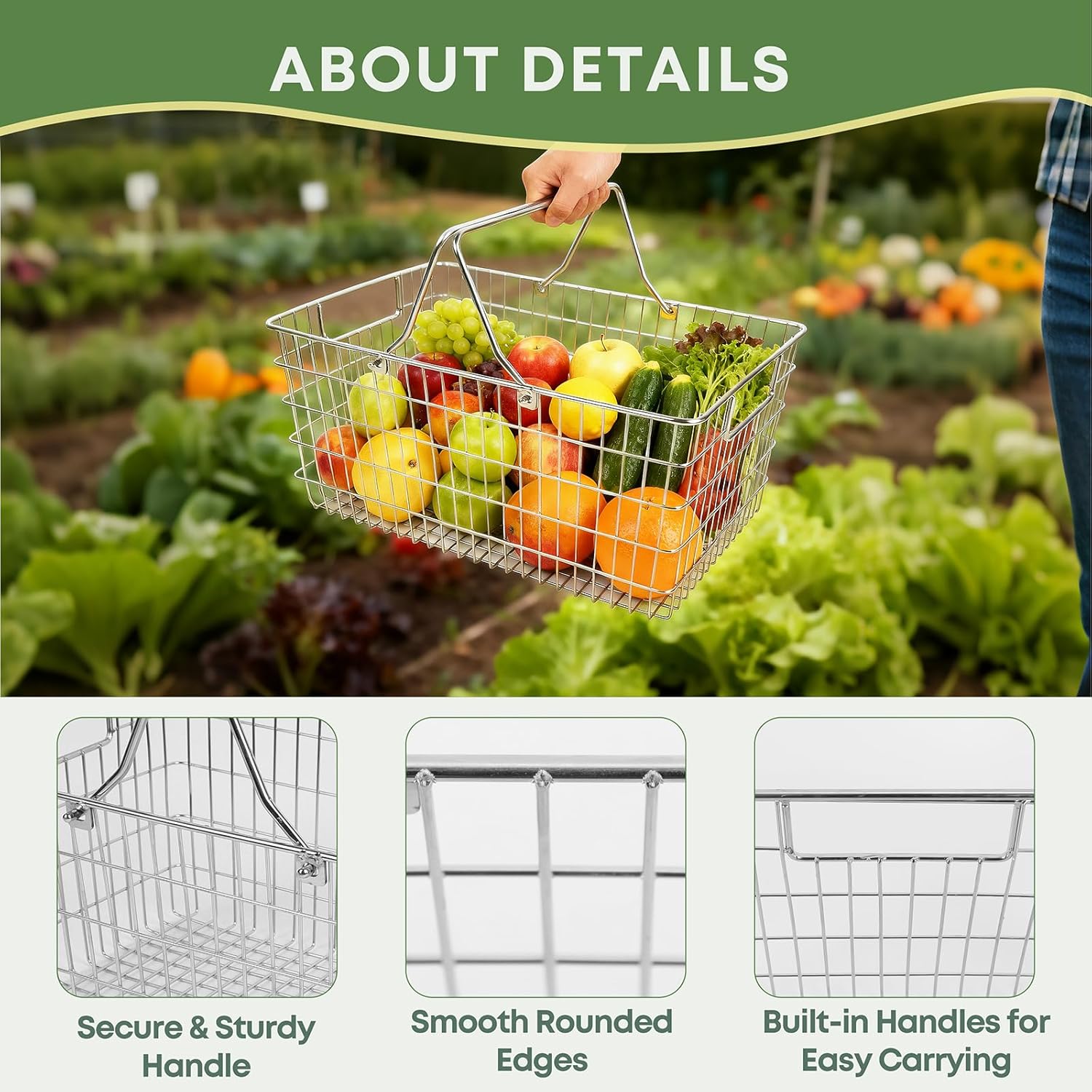 Wire Harvest Basket, Kitchen Organizers and Storage with Foldable Handle - 15.0"x9.8"x6.9" Portable Stainless Steel Picnic Baskets for Gathering Vegetables,Fruits,Kitchen,Garden,Picnic&Shopping (1, L)