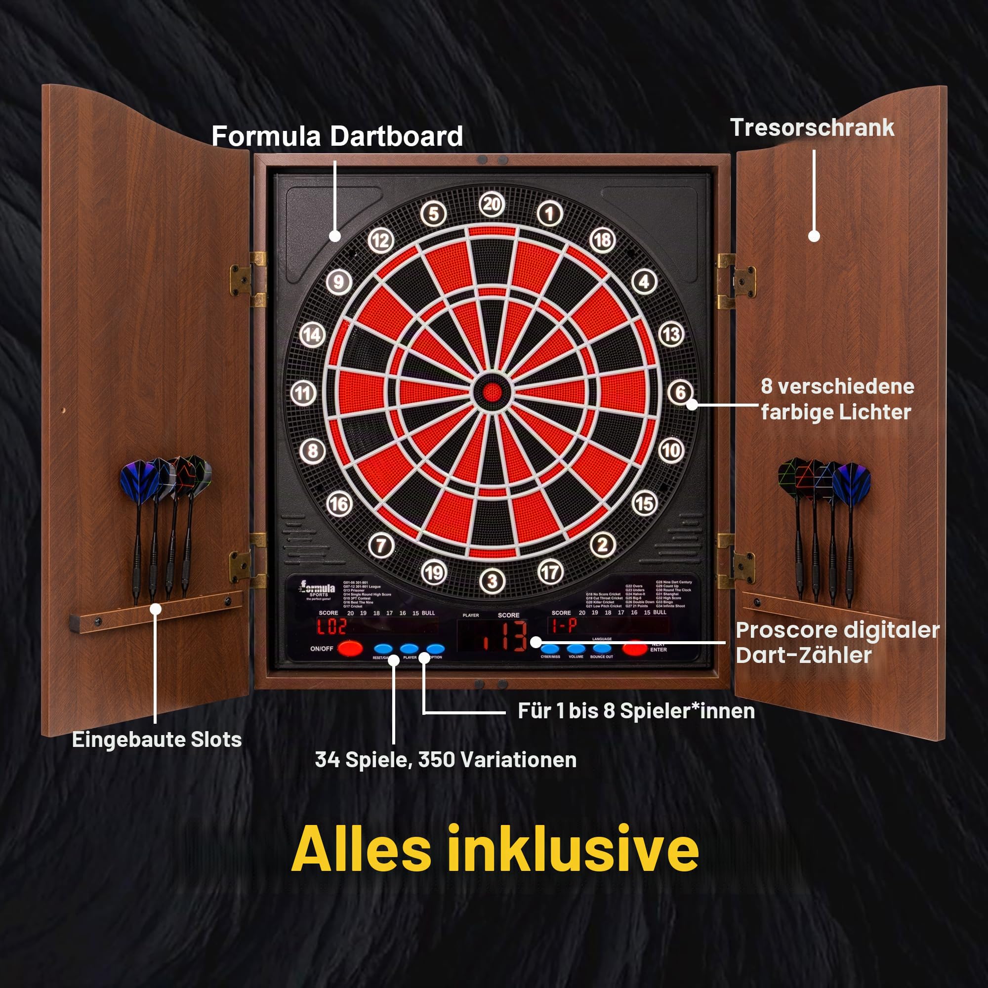 Elektronische Dartscheibe Profi Set mit 355 Varianten für 1 bis 8 Spieler mit 12 Darts 12 Flights 100 Pfeilspitzen Zubehör