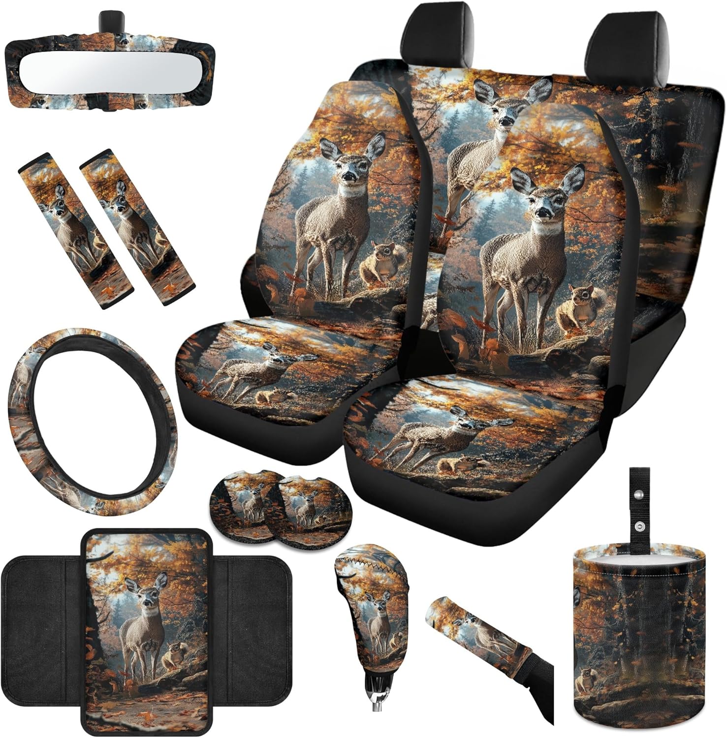 Deer Car Seat Cover Set - 14 Pcs with Steering Wheel, Seat Belt, Handbrake, Gear Shift, Armrest, Rearview Mirror Covers & Coasters, Camo Hunting Woodland, Universal Fit for Most Vehicles