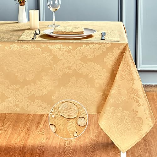 Rectangle Table Cloth Linen Farmhouse Stainproof Waterproof Washable Polyester Oblong Rectangular Fabric Table Cover for Kitchen Dining Dinner (Gold, 60 X 84 Inch)