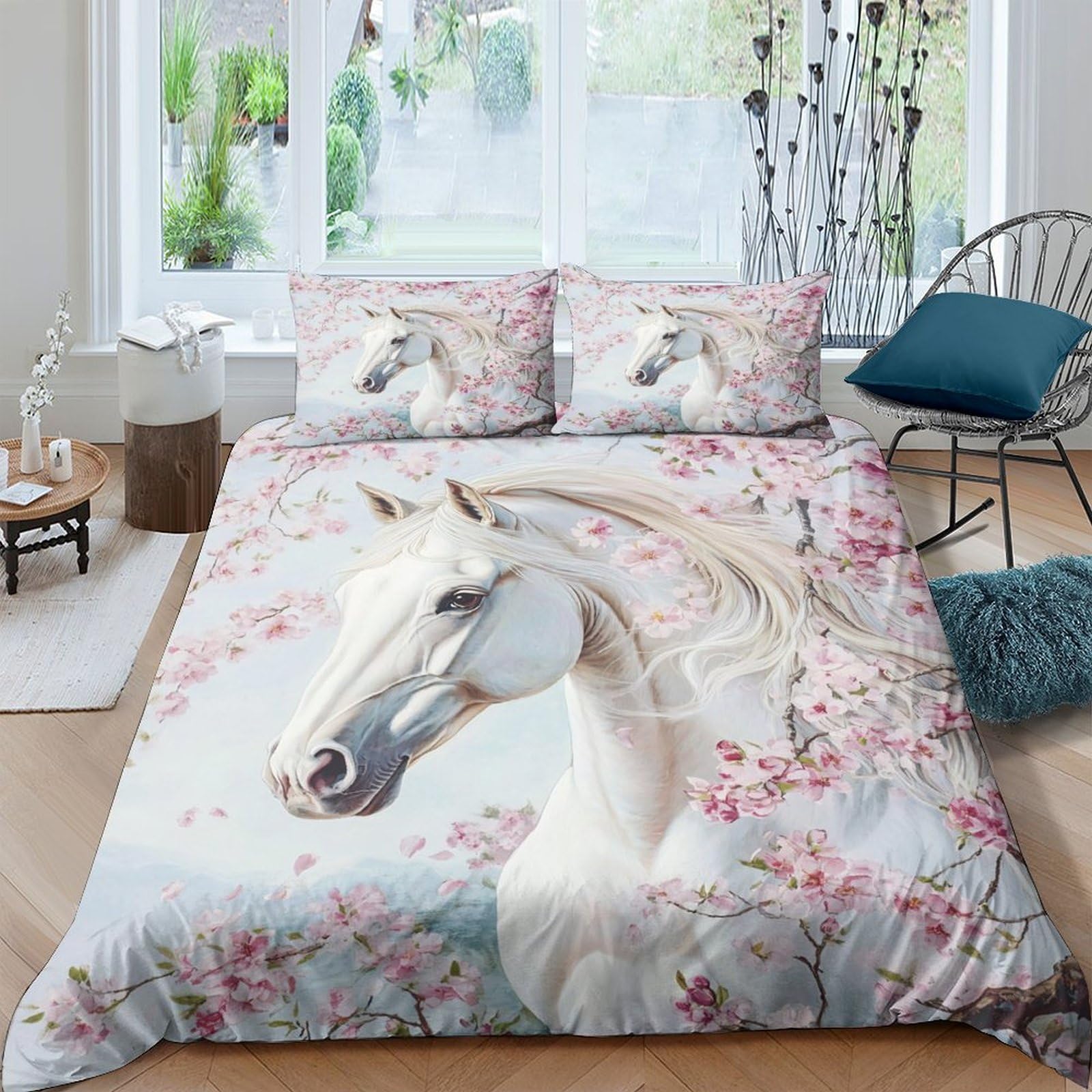 Ctjqhvkz Style-4 3D Printed White Horse Blossom Fitted Sheet Microfiber Soft Floral Bed Cover For Bedroom Guest Room Decor Single（135X200cm）