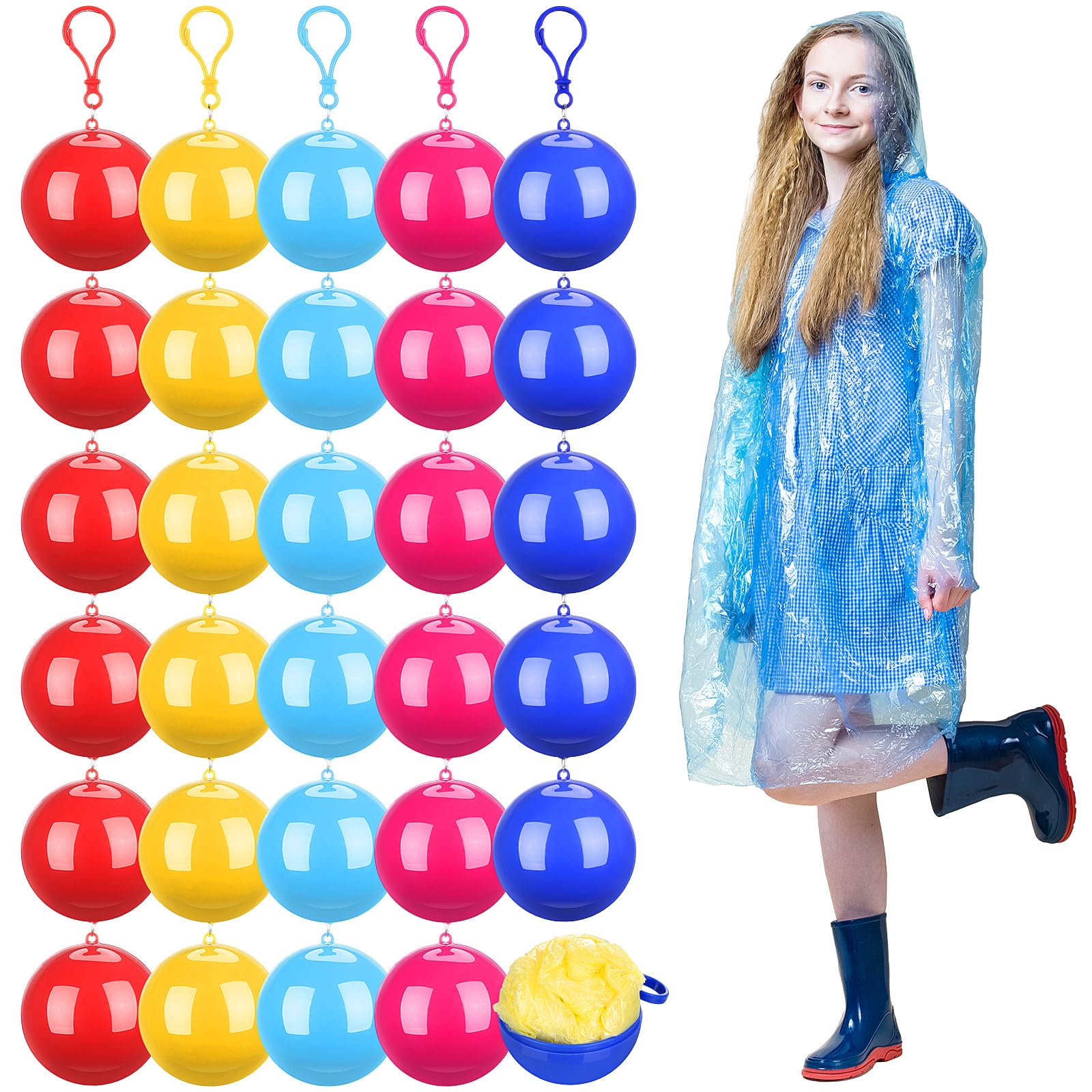 Liitrsh Lot de 30 ponchos de pluie pour adultes - Jetables - Imperméables - Avec crochet - En plastique - Pour le camping, le cyclisme en plein air - 5 couleurs, Rouge, rose rouge, jaune, bleu, bleu