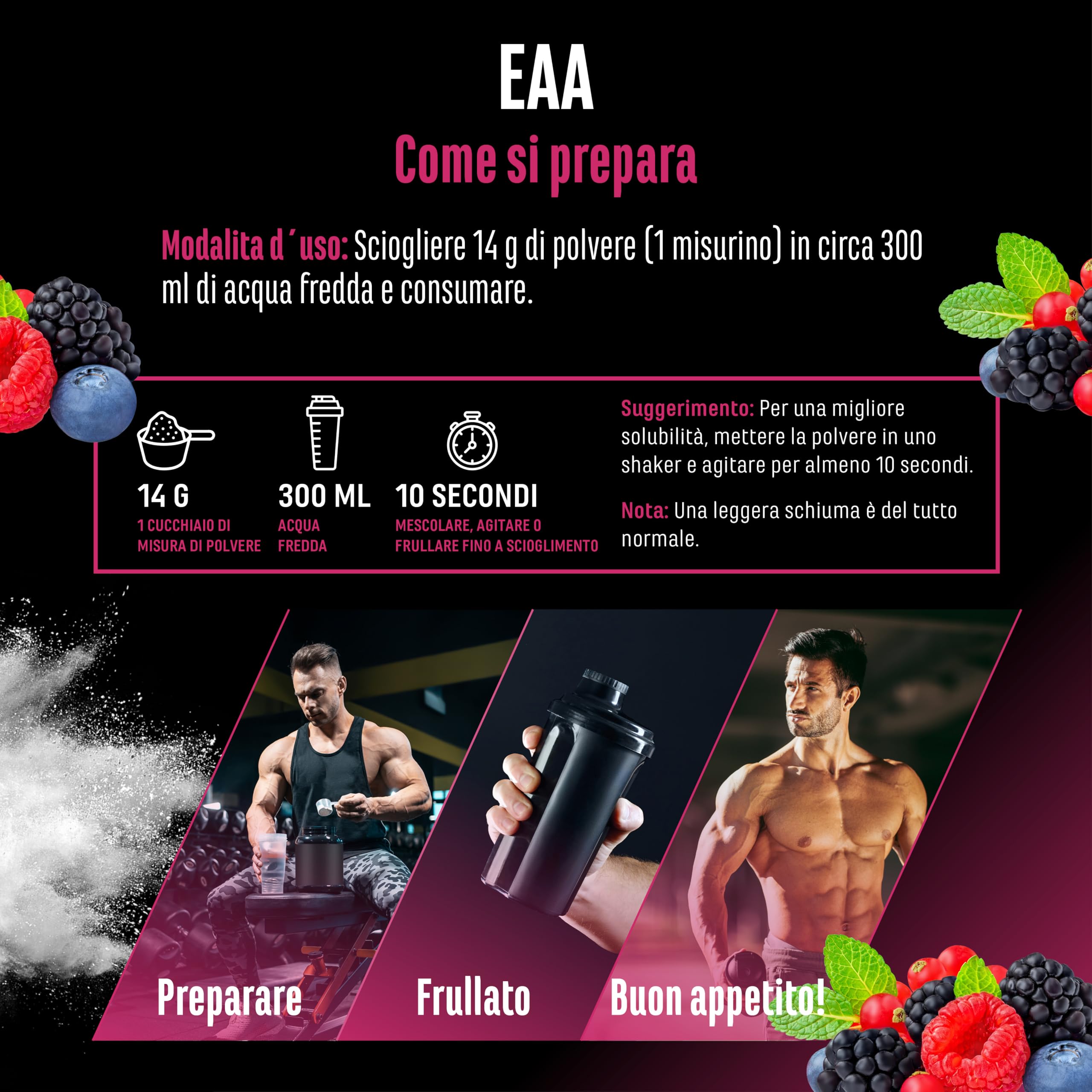 Polvere EAA 532 g (38 porzioni) - Tutti i 9 aminoacidi essenziali incl. istidina e BCAA - Formula Human Code - Vegano - Molto solubile - Bevanda di amminoacidi rinfrescante (Wildberry)