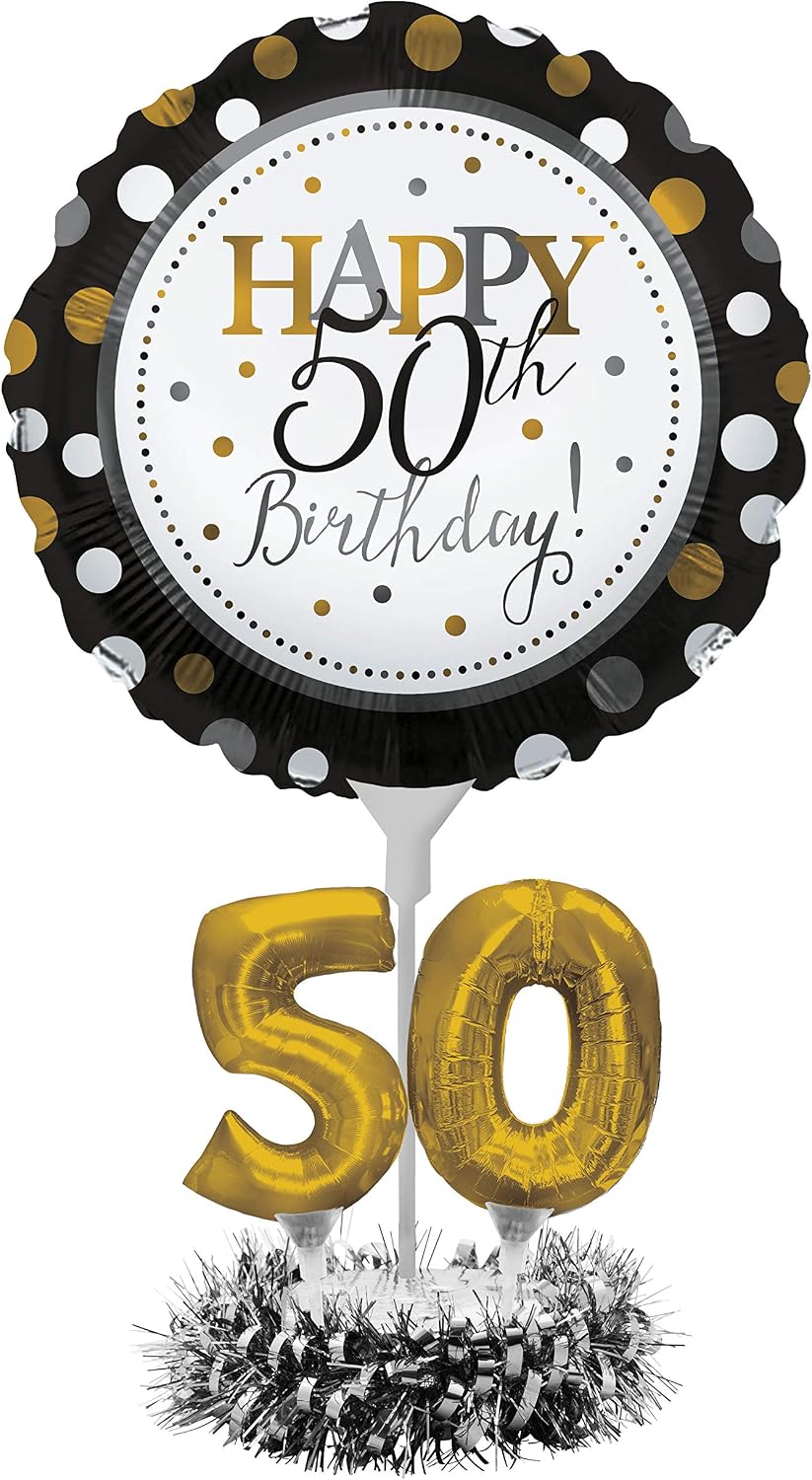 Creative Converting 317307 Happy 50th Birthday Balloon Centerpiece Black and Gold for Milestone Birthday Black & Gold, 18"