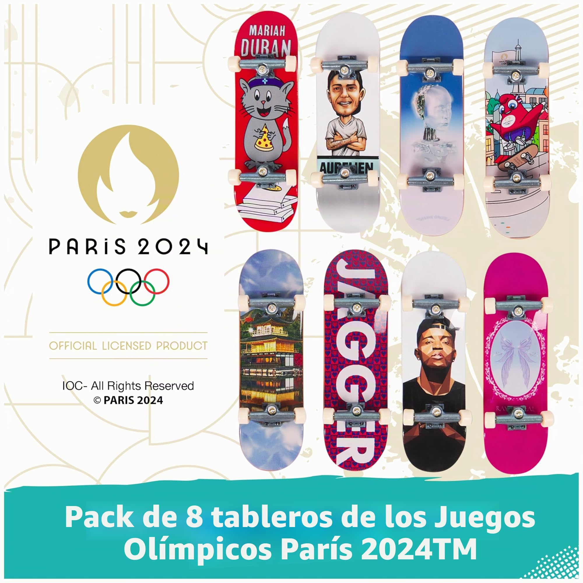 Tech Deck Competition Legends - Juego de 8 monopatines de Skate olímpicos auténticos de París 2024, 8 Soportes de Tabla Individuales, 8 Tarjetas de Atleta a Partir de 6 años