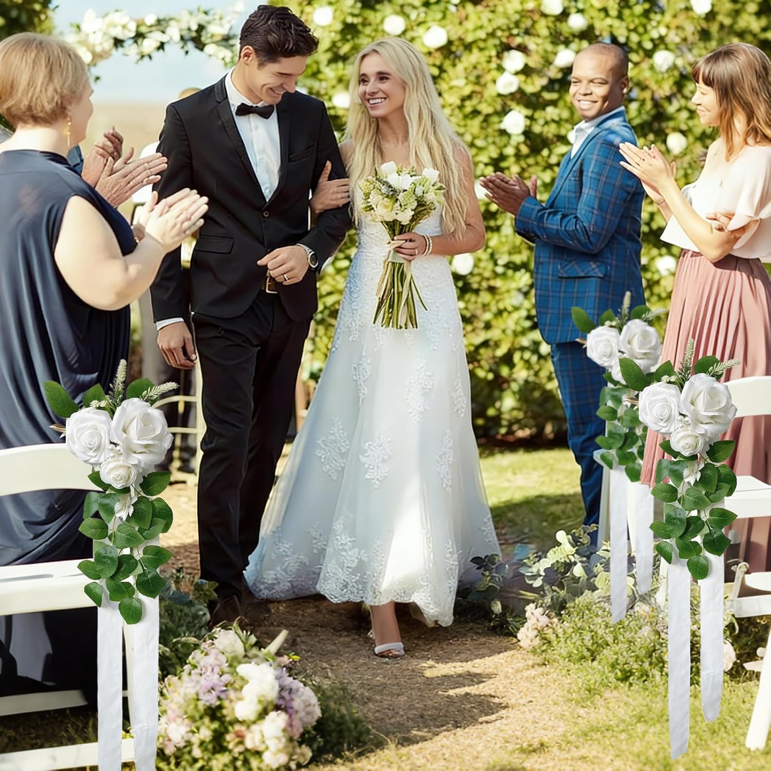 10 Pack Wedding Aisle Decorations for Wedding Chair - Pew Flowers for Church Chair Decorations with Artificial Flowers Ribbons for Arrangement Party Outdoor Decor