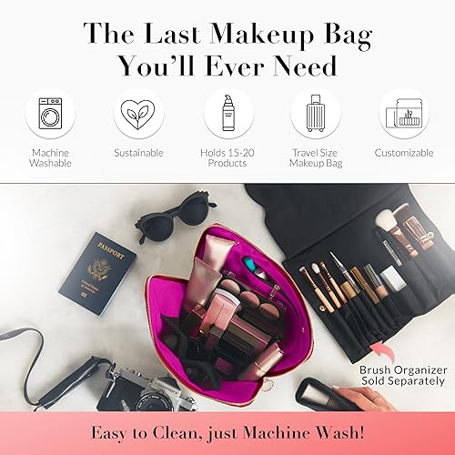 Miniatura 8 de KUSSHI Bolsa de maquillaje y cosméticos de viaje lavable, Satén negrorojo, Bolsa de maquillaje para todos los días, tela negraroja