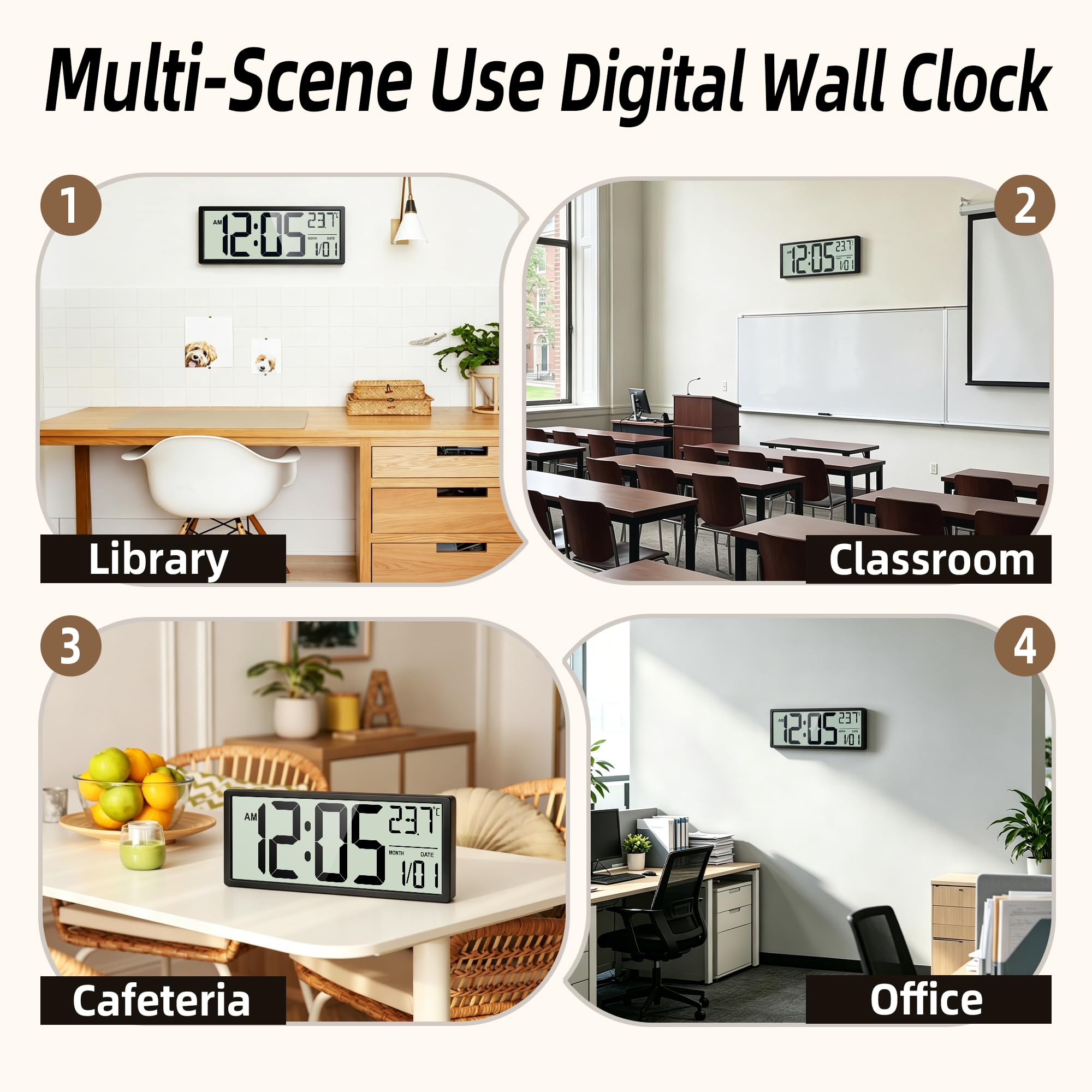 16" Digitale Wanduhr, batteriebetrieben mit großer LCD-Anzeige und großen modernen Ziffern, dekorative Uhr mit Alarm, Datum, Kalender, Temperatur für Senioren, Schlafzimmer, Wohnzimmer, Küche