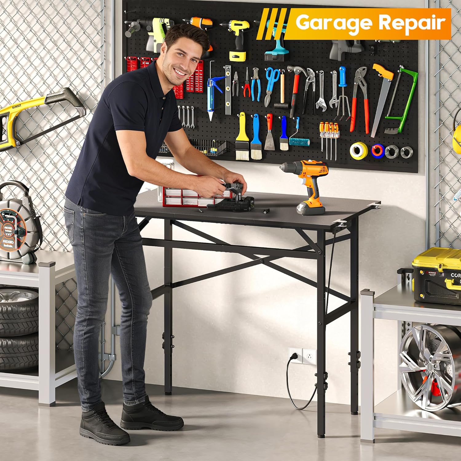 Small Adjustable Height Workbench，Iron Workbench with Power Strip (3 Outlets+USB+Type-C), Free Anti-Slip Mat & Clips, 5-Speed Lifting (28.54-34.84Inch) for Garage/Workshop/Home DIY