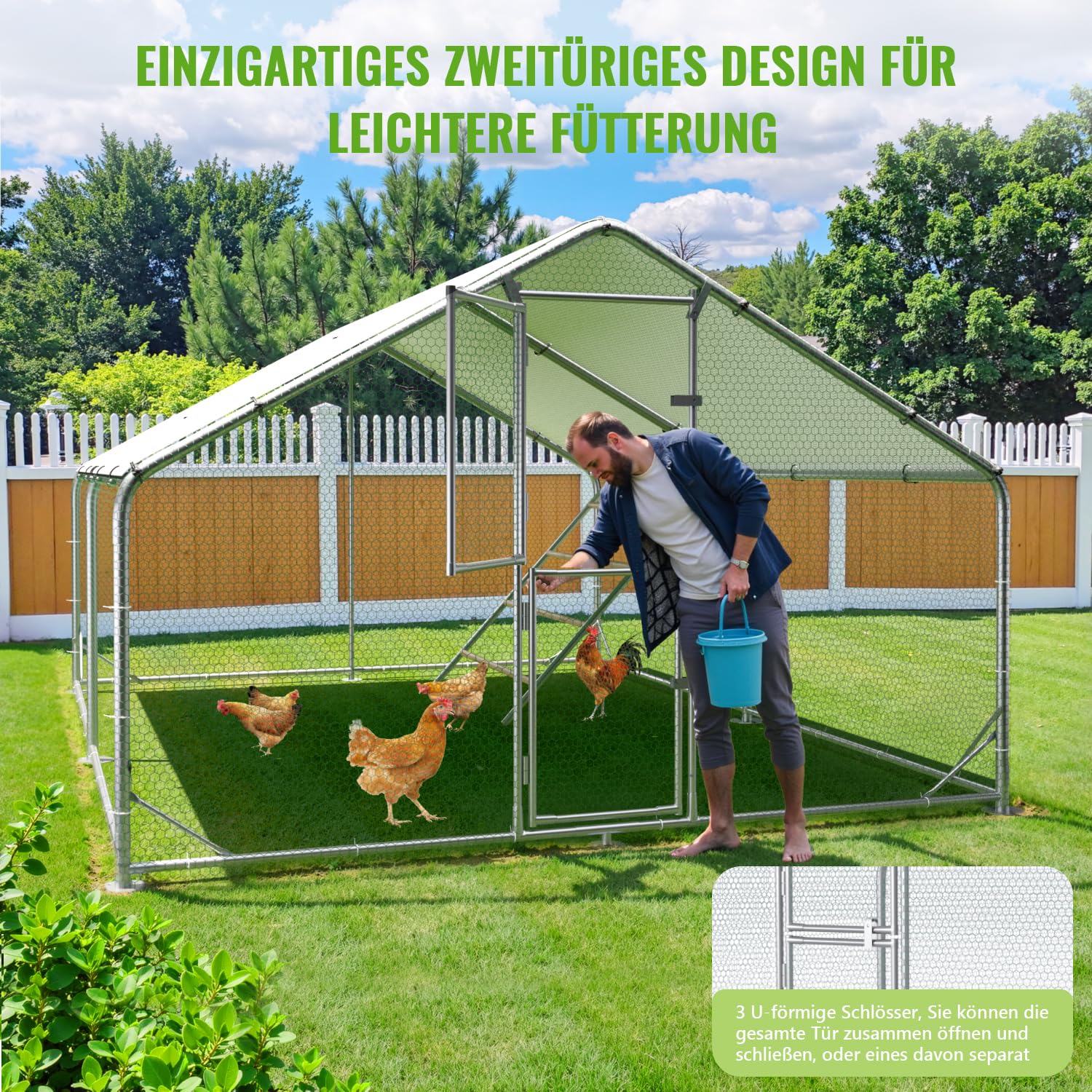 Sannwsg Großer Hühnerstall aus Metall 3x4x2m mit Dachabdeckung Hühnergehege für Garten Wetterfestes Freilaufgehege für 10 bis 20 Hühner mit Zubehör und Sitzleiter