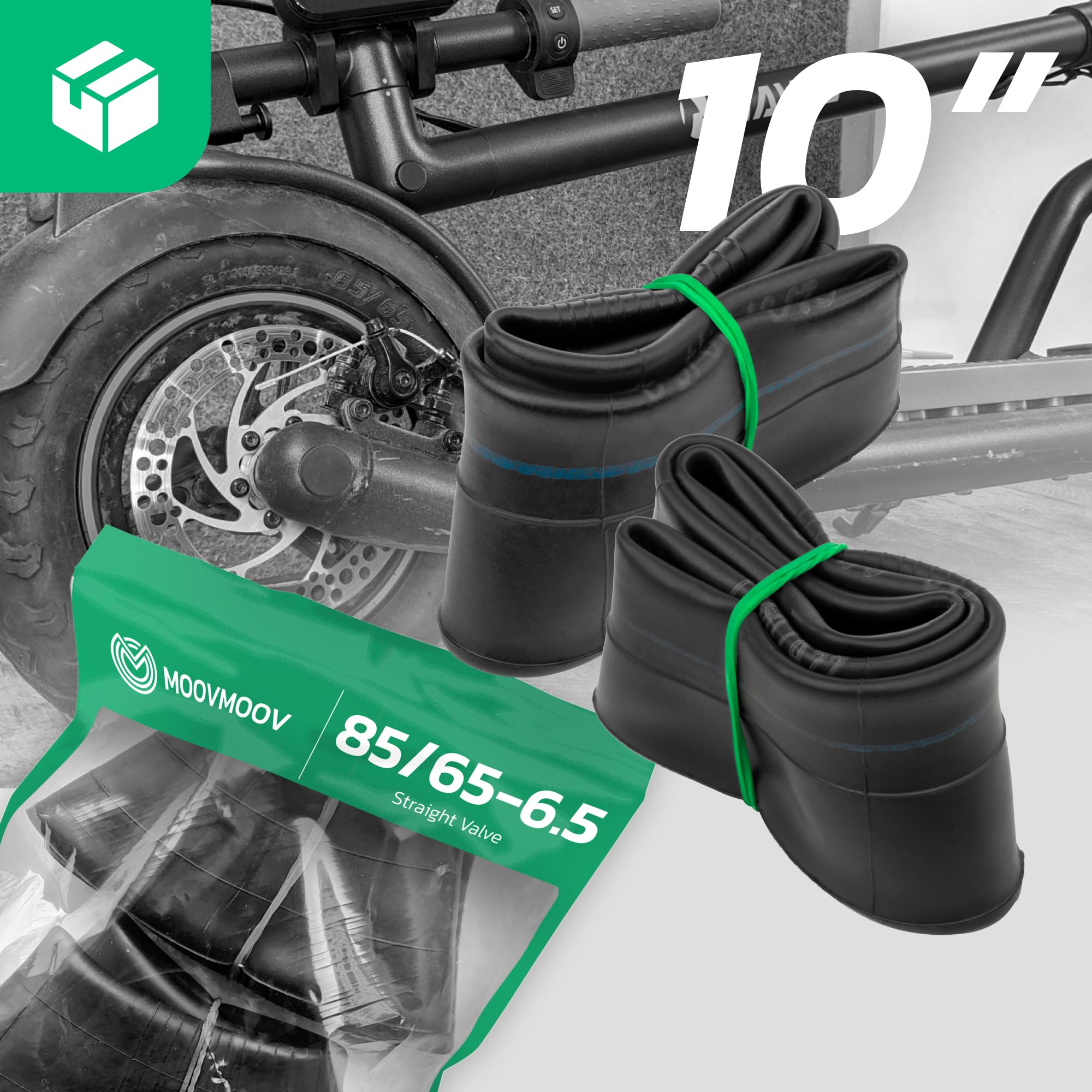 MOOVMOOV - 2 Cámaras de Aire 85/65-6.5 (10 Pulgadas) con Válvula Derecha | para Patinete Eléctrico, Hoverboard, Mini Scooter | Compatible con Neumático 85-65-6.5/10 o 10x3.00-6.5