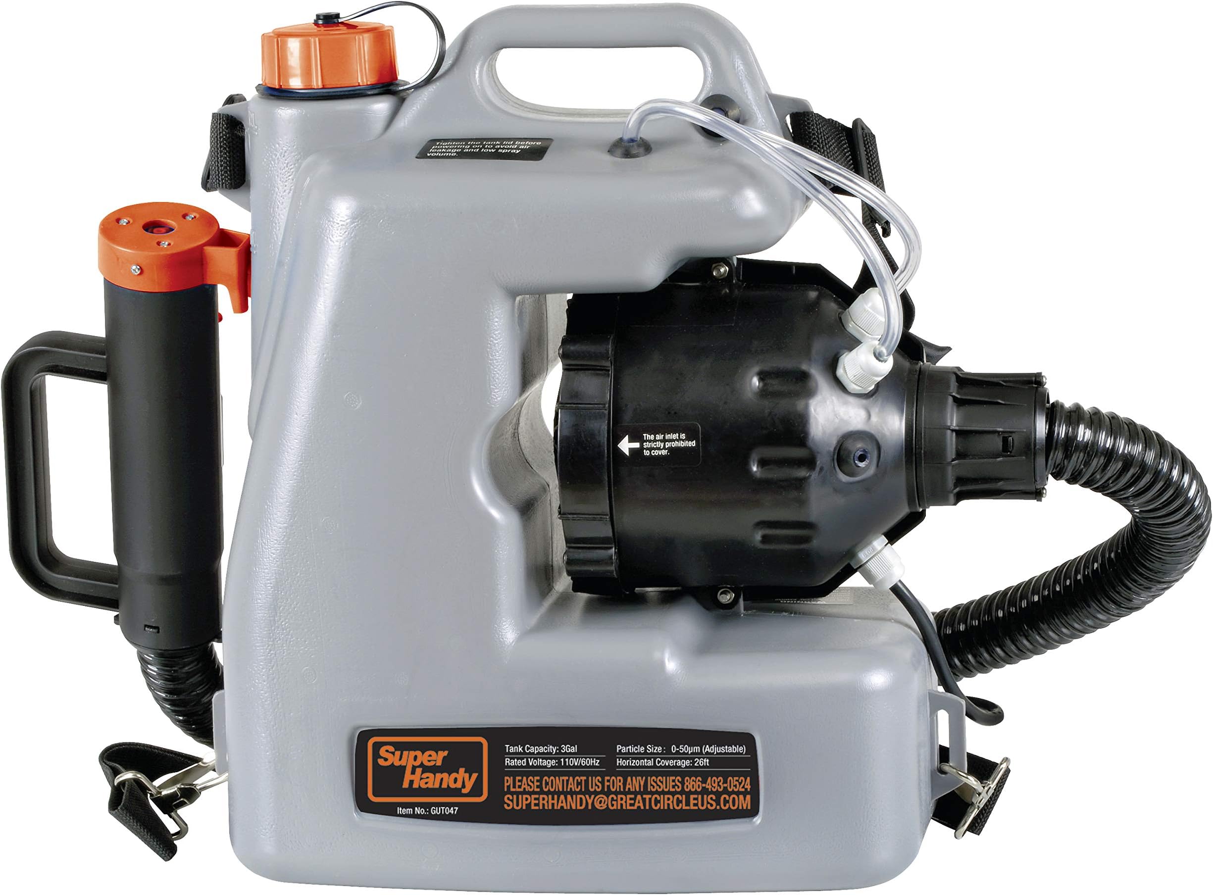 Fogger Machine Disinfectant Corded Backpack Mist Duster ULV Sprayer 3GAL 1-15GPH Mist Blower Adjustable Particle Size 0-50um/Mm with Extended Commercial Hose and Spray Nozzle