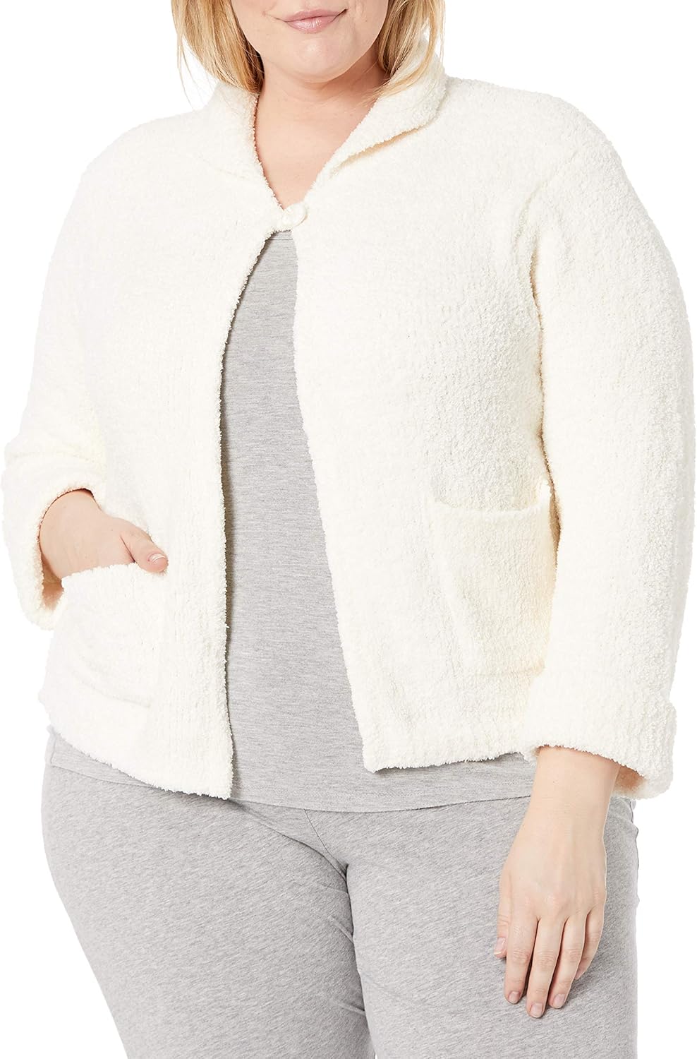 CASUAL MOMENTS womens Plus Size Bed Jacket with Shawl Collar Turn Back Cuffs and Patch Pockets
