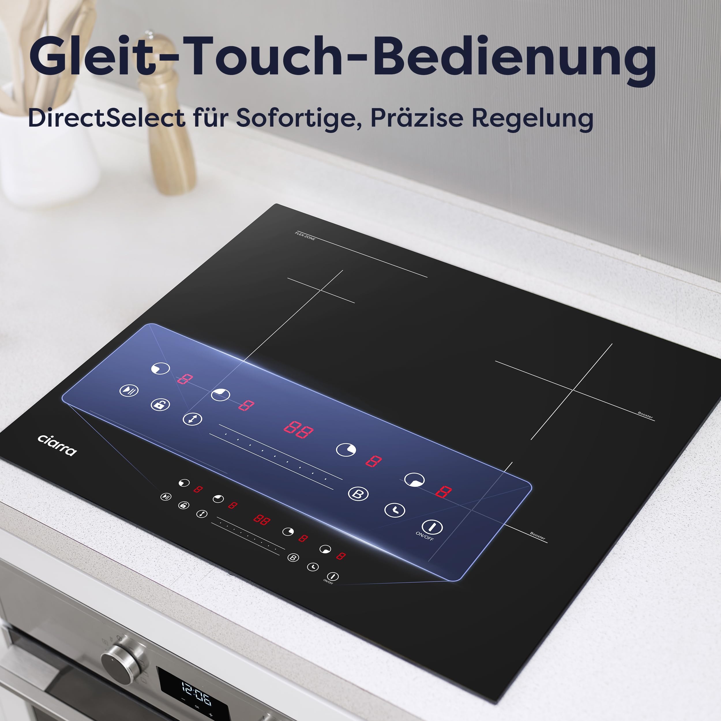 CIARRA CBBIH4BF Induktionskochfeld 60 cm Flexzonen Einbau 4 Platten mit Bridge Bräterzone PowerBoost Slider Touch-Bedienung Induktion Kochfeld 9 Stufen Timer Kindersicherung Überhitzungsschutz 7200 W