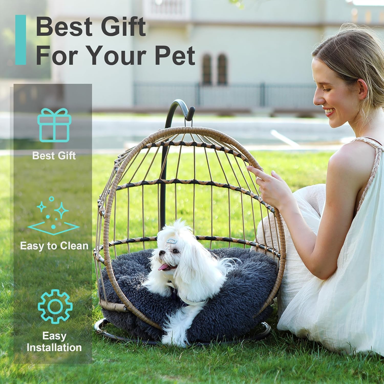 SWITTE Cat Hammock Chair Bed - Removable & Washable Cushion, Hanging Rattan Swing for Indoor Outdoor Cats & Small Dogs, Adjustable Pet Swinging Hammock with 3 Modes - Dark Grey