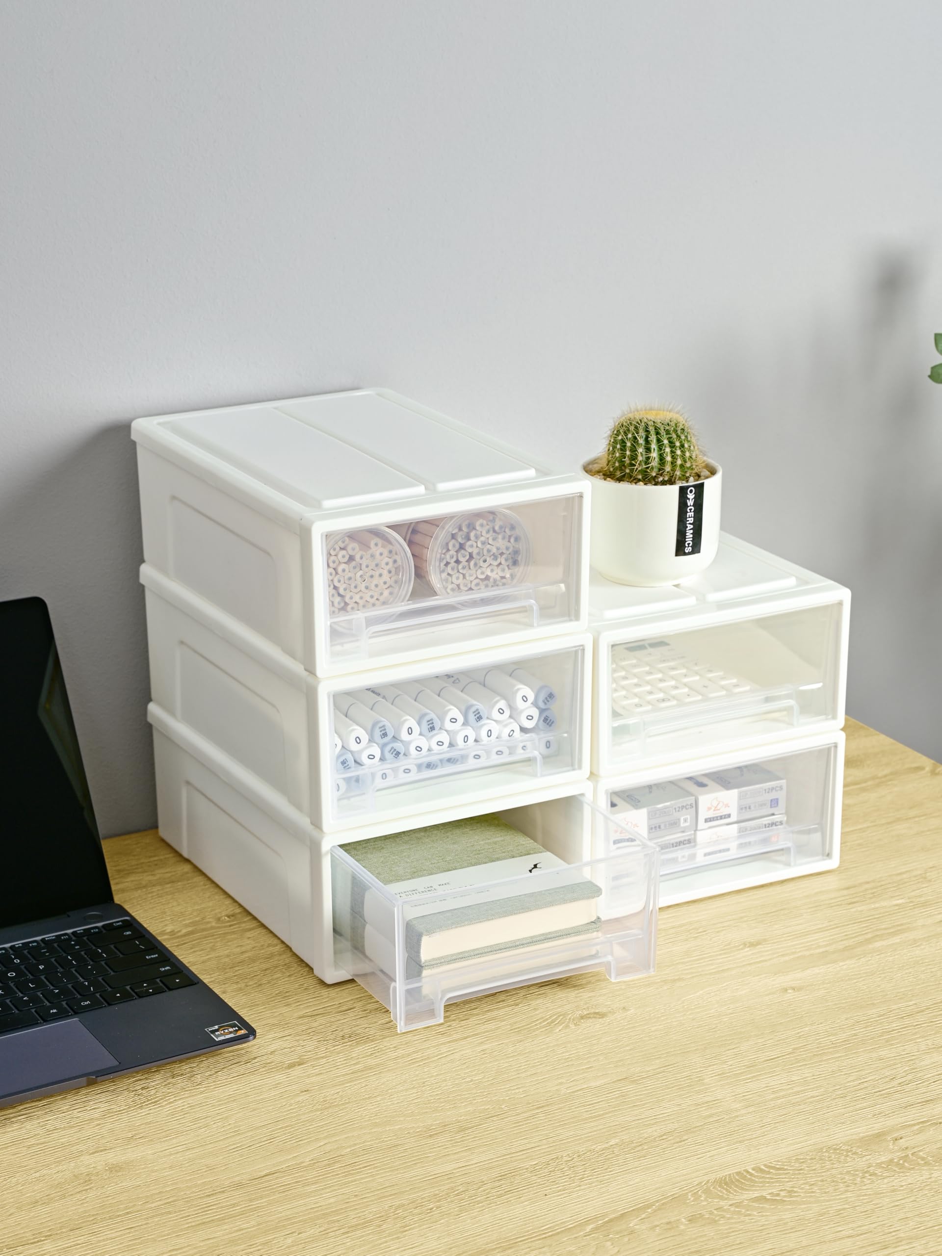 Cassettiera Impilabile 14L X 3 - Organizzatore Plastica Bianco Per Ufficio O Casa, Facile Da Pulire - Foto 2