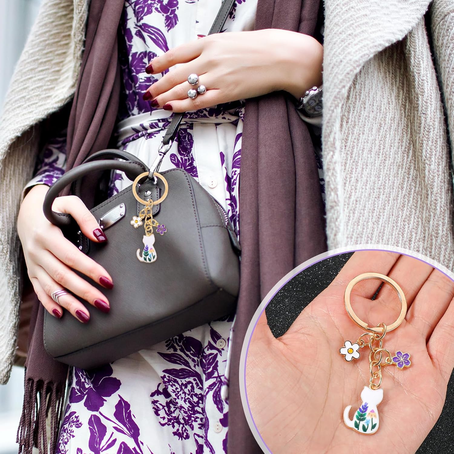 Cute Cat Keychain, Enamel Flower Cat Keyring Japanese Decor Kawaii Bag Charm Sakura Flowers for Men Women Gift Key Chain Mini Backpack Cat Lovers (1 Pcs) - Image 4