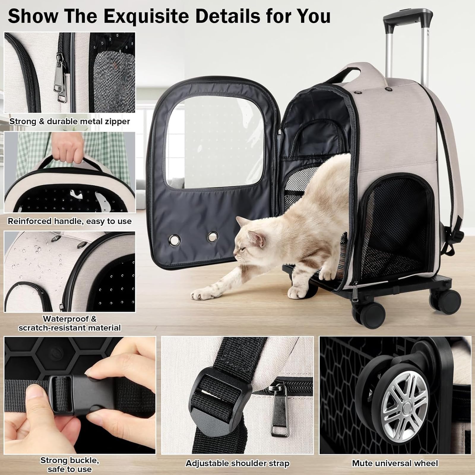 Sac À Dos pour Animaux De Compagnie, Sac De Transport À roulettes pour Animaux De Compagnie,Sac À Dos Roulant pour Chat avec Fenêtres D'aération en Maille,Sac À Dos Poussette,Beige