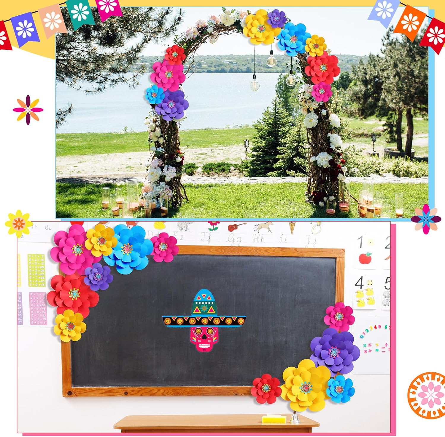 Mooliwe 20 Set Mexican Paper Flowers Decorations for Wall DIY Fiesta Bulletin Board 3D Handcrafted Paper Flowers Backdrop Decoration for Mexican and Holiday Party (Classic)