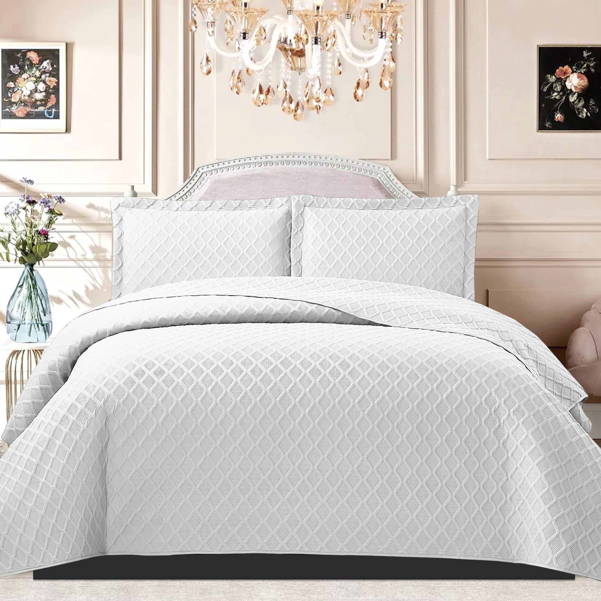 B&B Quilted Bedspread Bed Throws - Luxury Embossed Diamond Check Pattern Reversible Quilt Bedspreads Coverlets for Bedroom Decor with Matching Pillow Shamss (Double, White)
