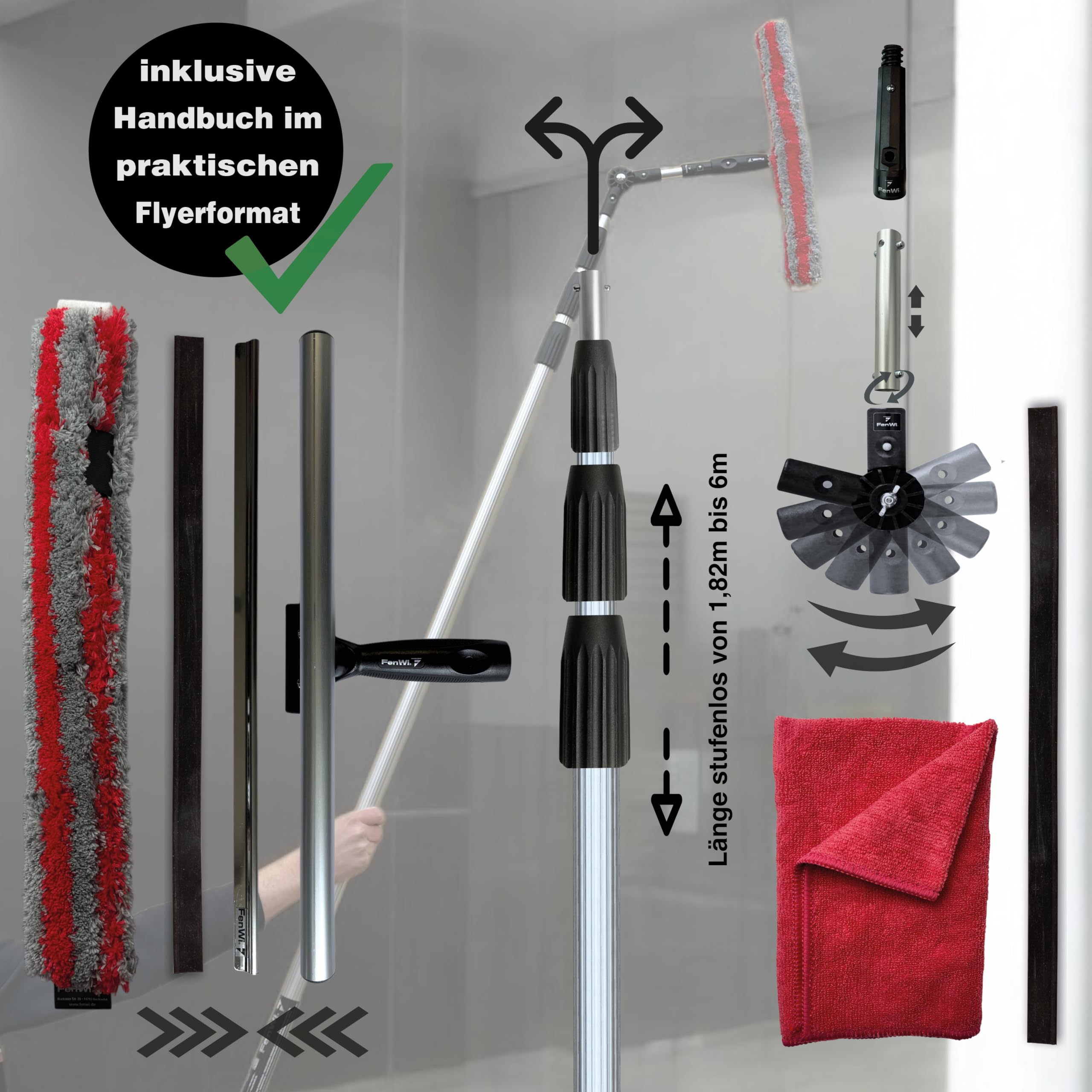 FenWi 6m Teleskop Fensterputzer Profi Set mit Abzieher und Wischer 45/50cm | 45cm Gummilippe, Kombi Fensterwischer, Gelenk Alu Teleskopstange 600 cm, für Wintergarten, breite Fenster und Solar Reinigung