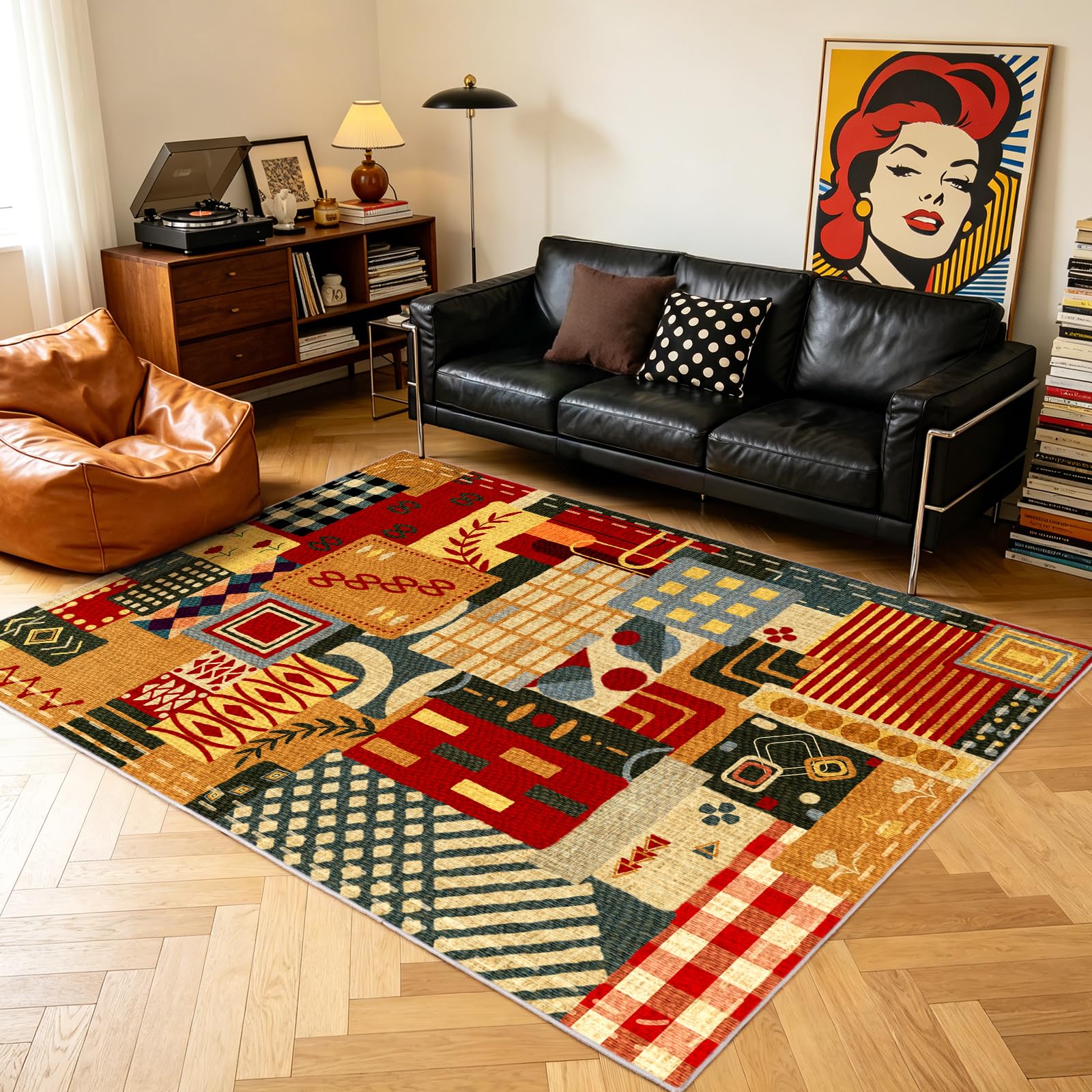 Rezutan Washable Rugs for Bedroom 120x160cm Geometric Boho Patchwork Rug