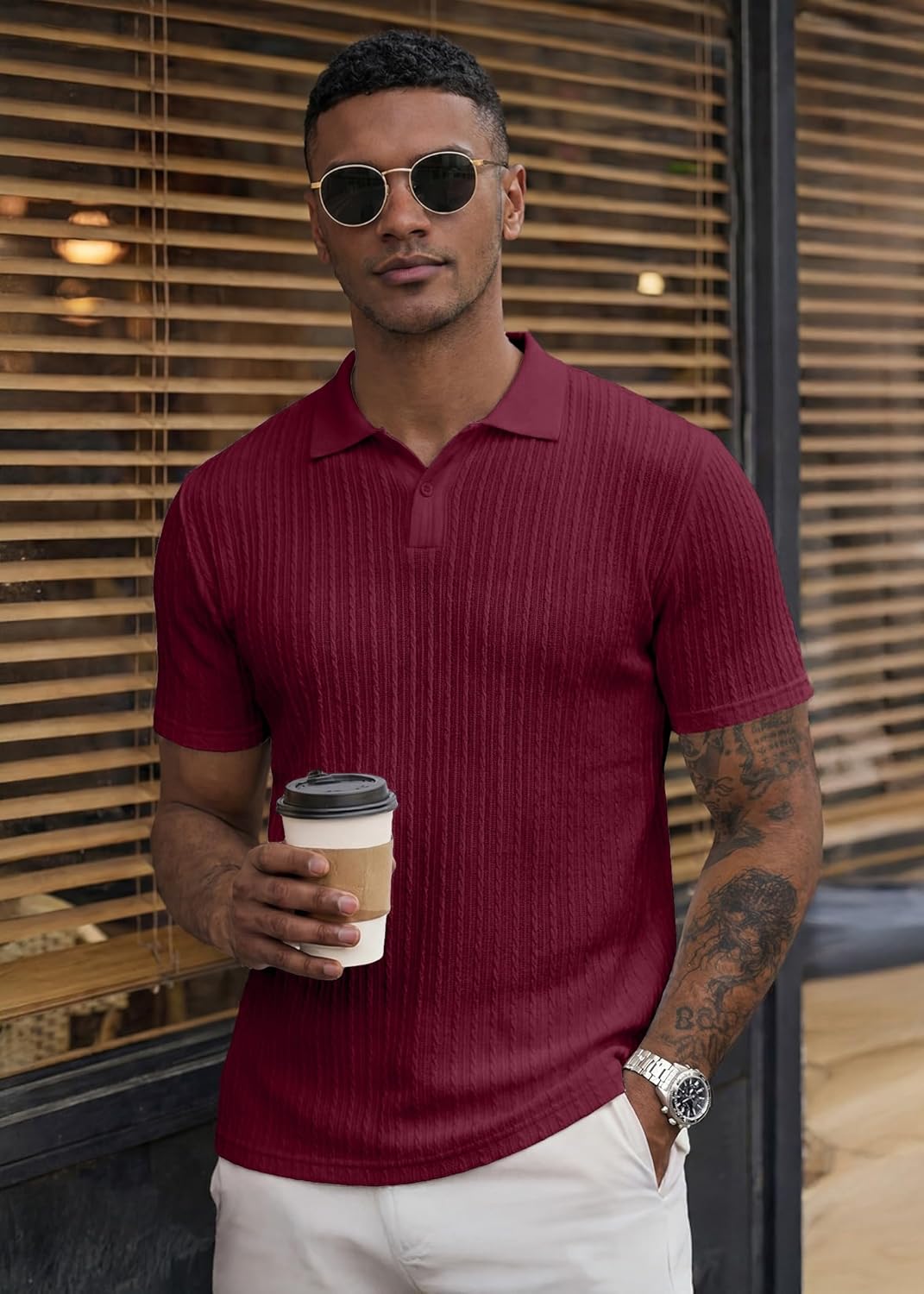 JMIERR Mens Casual Polo Shirt Summer Short Sleeve Vacation Button Beach Knit Stretchy Golf Shirts - Image 2