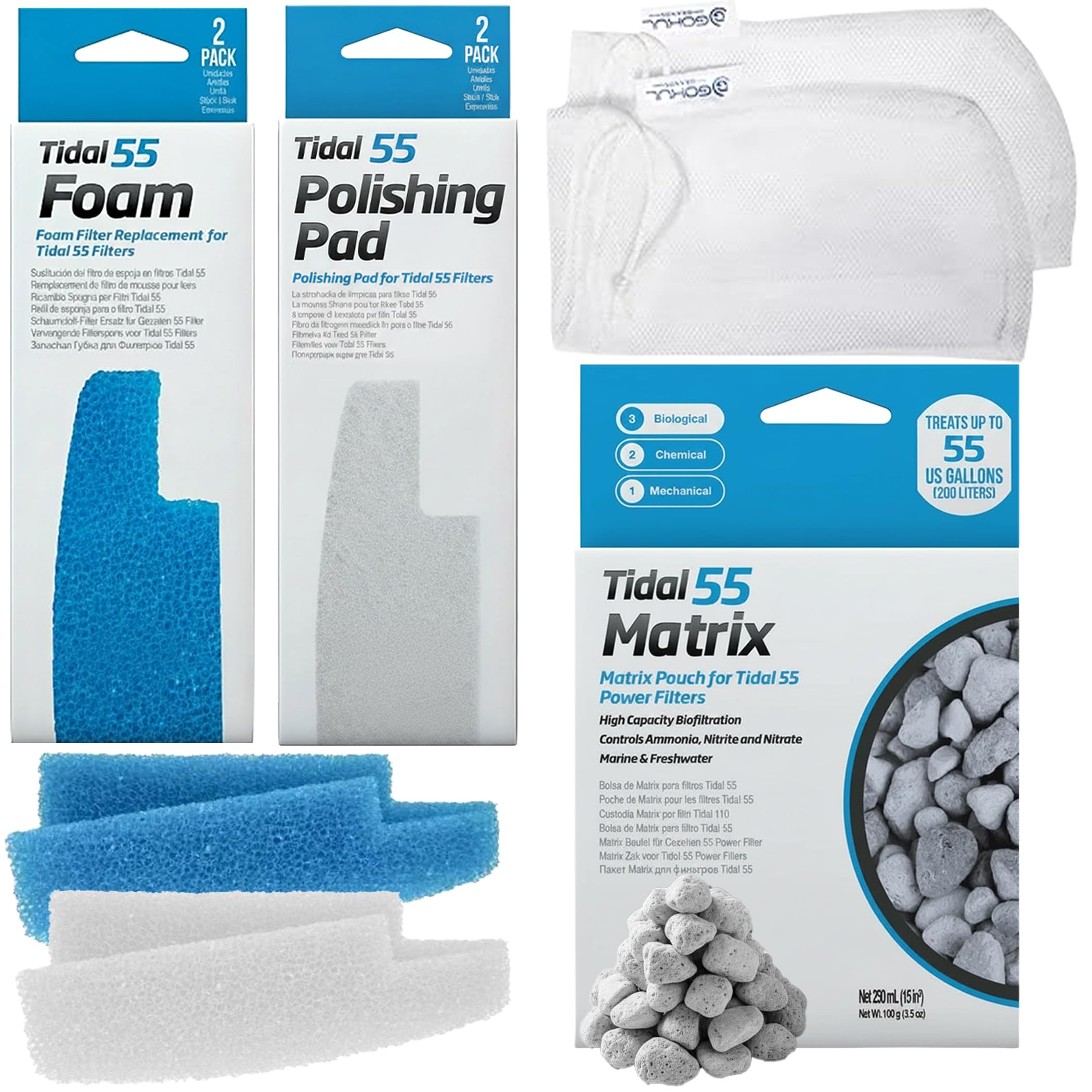 Tidal 55 - Kit de filtro de mantenimiento y reemplazo de medios de filtro, incluye bolsas de filtro de acuario de Gokul Brands (Tidal 55 almohadillas de pulido, 55 esponjas de filtro de