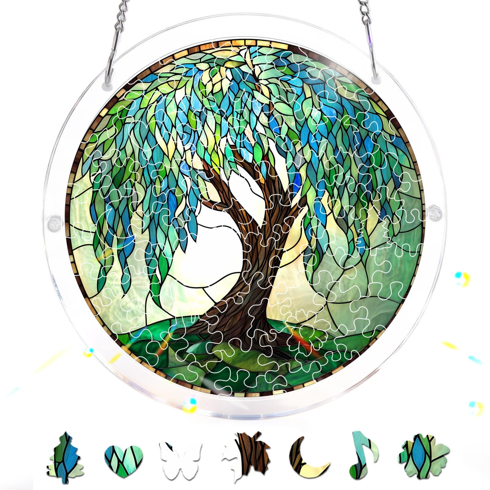 Bimkole 83 Pieces Acrylic Jigsaw Puzzle Suncatcher - Weeping Willow, Stained Glass Window Hanging Pendant, Home Decor Creative Mom Gifts, Sun Catcher Decor for Garden Home Birthday Gifts 18 cm