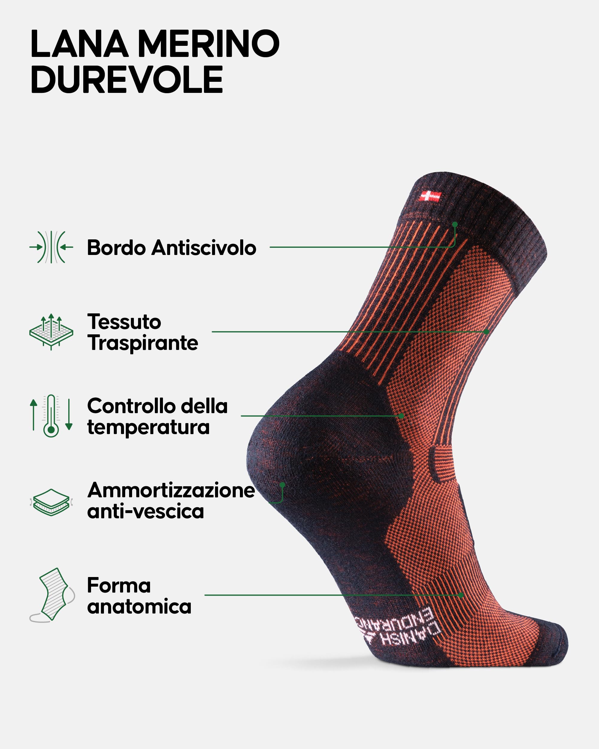 DANISH ENDURANCE Calze Trekking Leggere in Lana Merino, Anti-Vesciche, Traspiranti, da Uomo, Donna, Bambino, 3 Paia