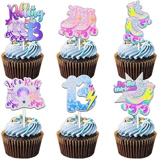 18pcs Colorful Glitter Roller Skates Cupcake Topper Pick for 80s 90s Retro Hip Hop Roller Skating Roll into 13 Theme Decor Supplies Boys Girls Happy 13th Birthday Party Decorations