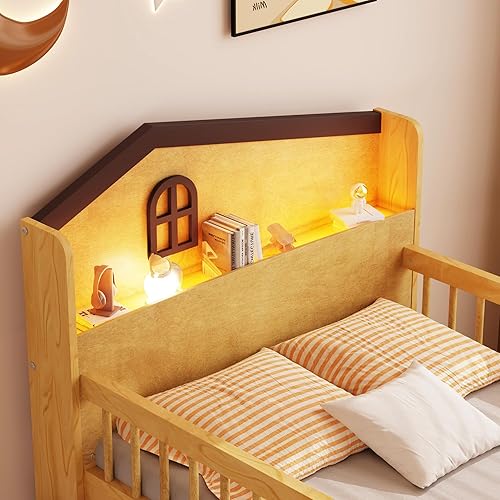 Miniatura 46 de Cama de plataforma de tamaño individual con cabecera de almacenamiento y luz LED integrada, base de cama de plataforma de madera con barandilla de