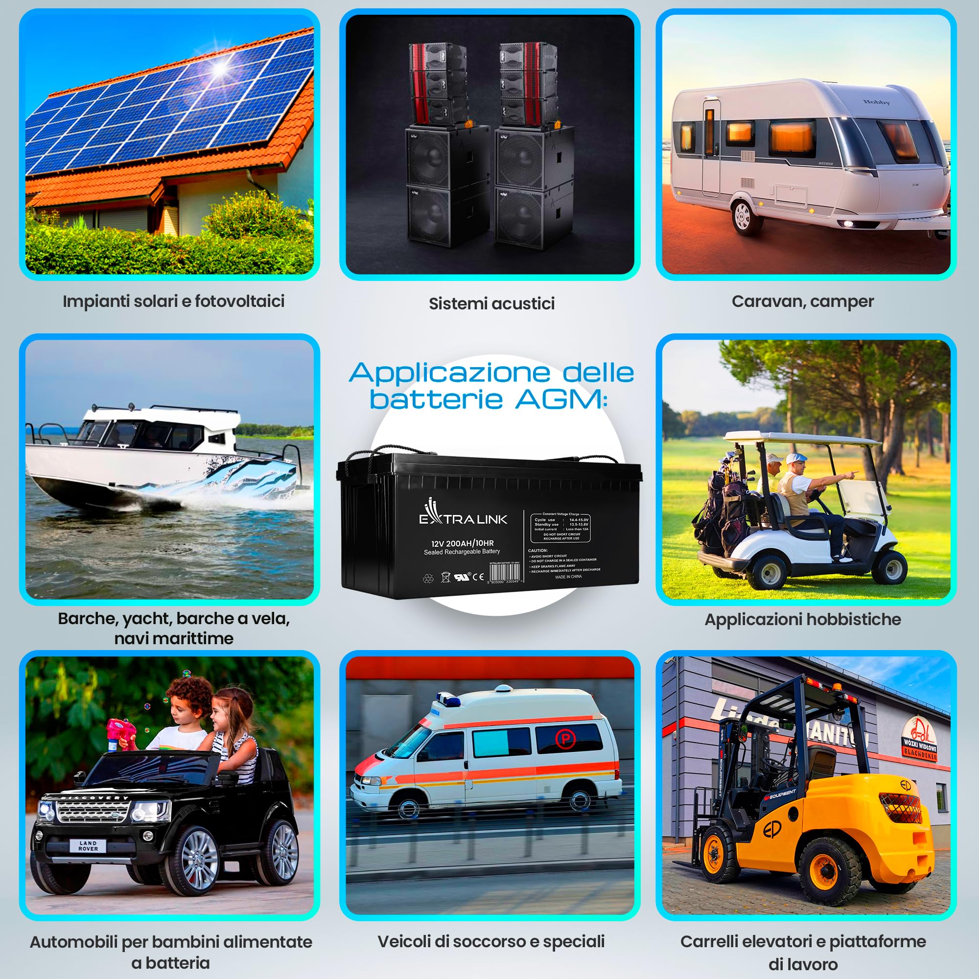 Extralink Batteria AGM 12V 200Ah - senza manutenzione, a prova di perdite, a ciclo profondo - batterie per fotovoltaico, di alimentazione di lunga durata, camper, UPS e alimentatori di emergenza