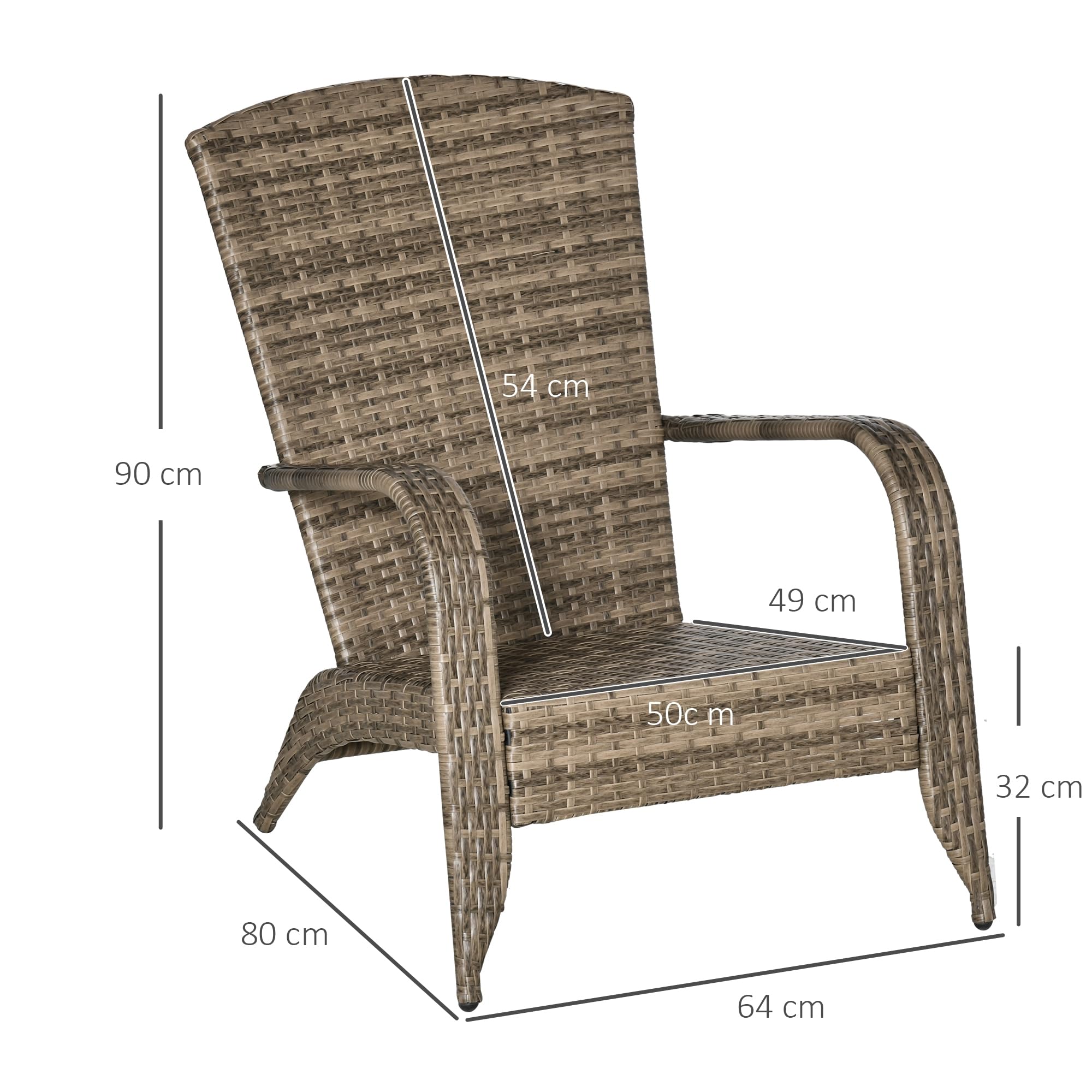 Outsunny Sedia da Giardino Adironrack con Braccioli e Cuscini, Sedia in Rattan e Acciaio per Interni ed Esterni, 64x80x90 cm, Marrone e Blu